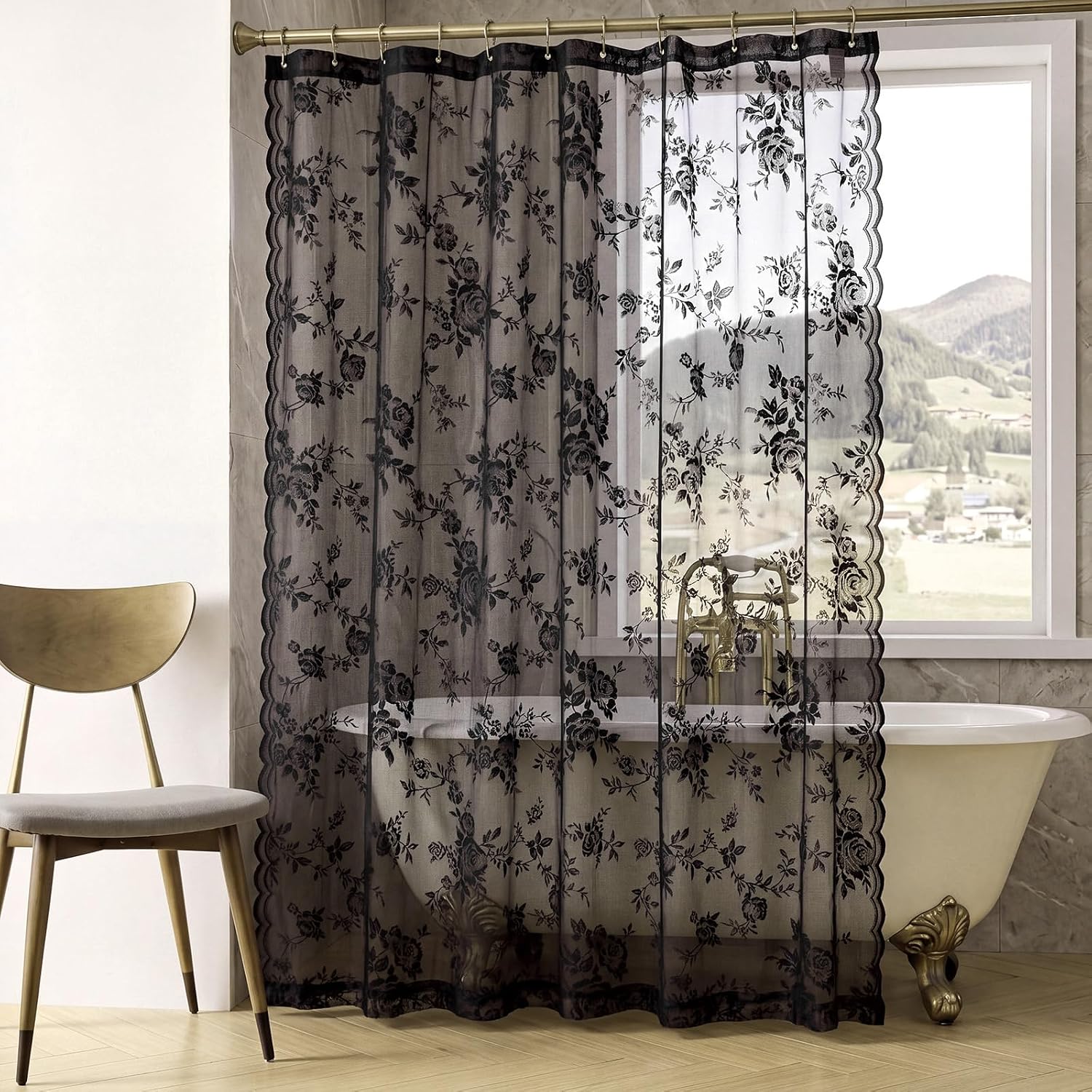Irenare Black Lace Shower Curtain Victorian Floral Decor 72 x 72 Inch