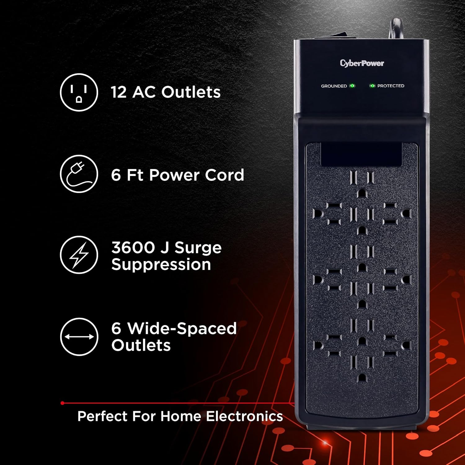 CyberPower CSB1206 Essential Surge Protector, 3600J, 125V, 15A, 12 Outlets, 6 Foot Power Cord, Black, ETL Listed