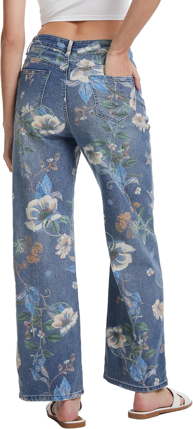 Vintage Floral Jeans for Women 90s High Rise Wide Leg Casual Stretchy Denim Pants Trendy Pantalones De Mujer - Image 5