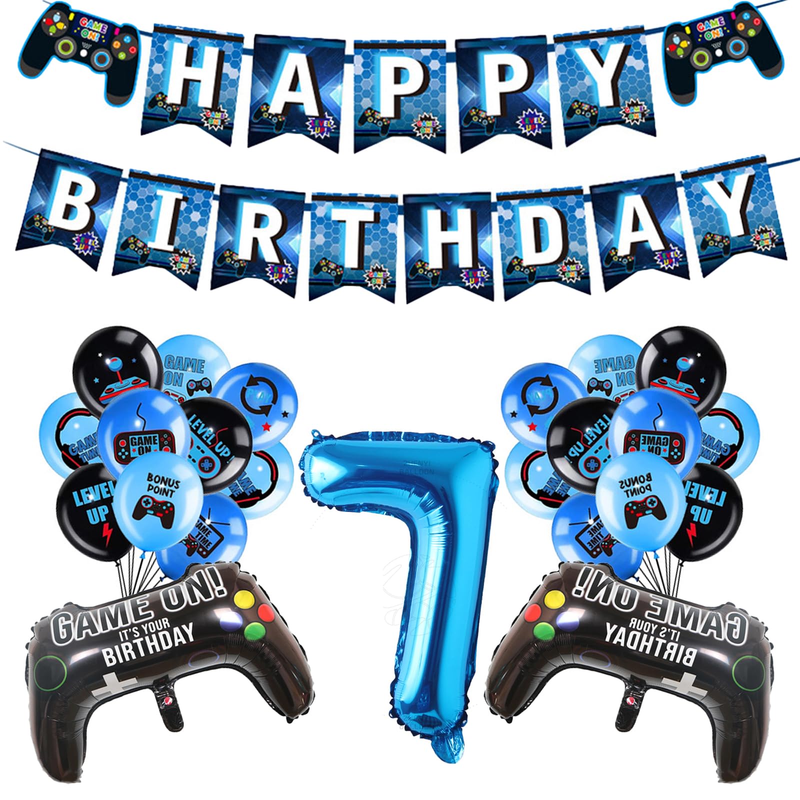 AIKOBAA 7th Birthday Banner Decorations for Boys, Blue Gaming Party Set with Controller Foil Balloons, Happy Birthday Banners Balloon Cake Topper, Gaming Balloons 7 Year Old Party Supplies