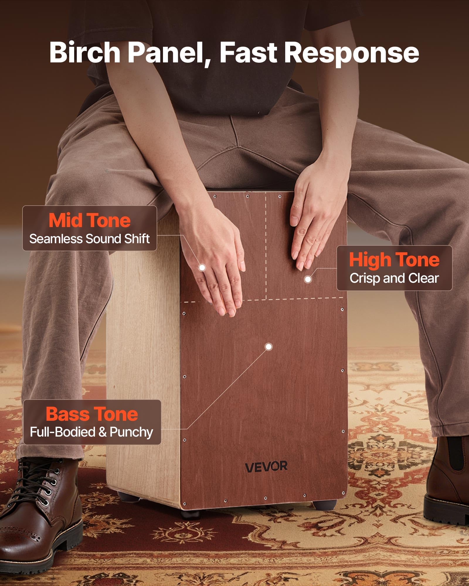 VEVOR Cajon Box Drum, Con Cordiere Rullanti Interni, Scatola di Percussioni in Legno Leggera, Strumento Musicale Portatile a Tamburo in Legno di Betulla con Piedini in Silicone, 305 x 305 x 508 mm