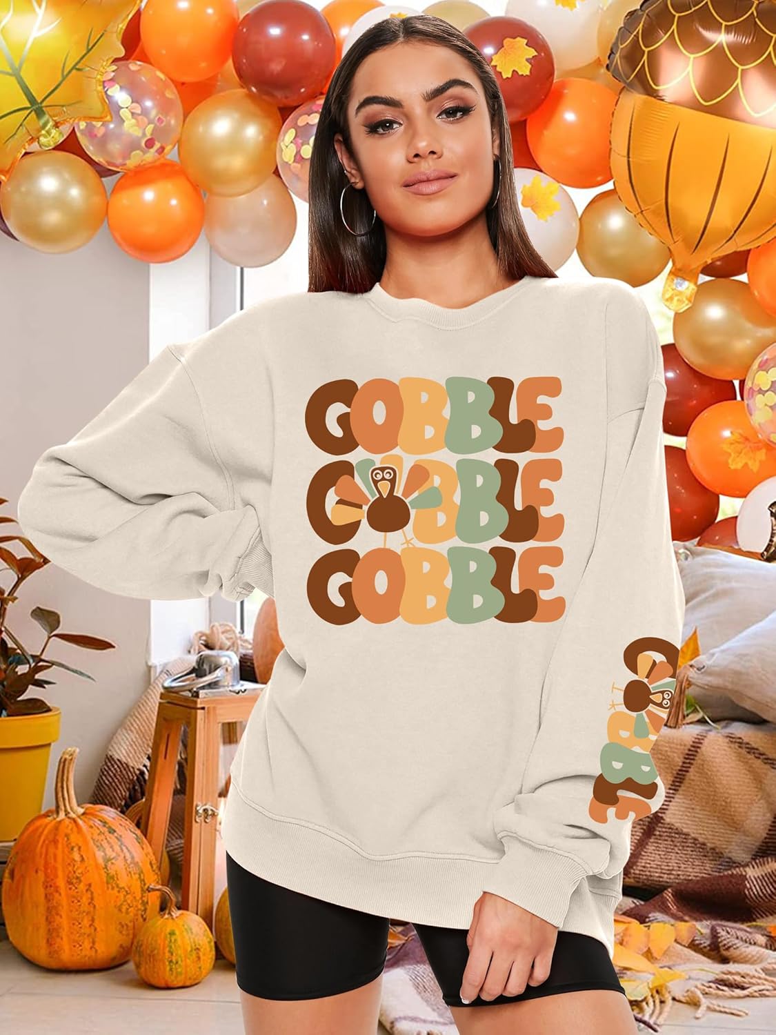 Oversized Thanksgiving Sweatshirt for Women Gobble Turkey Fleece Shirt Happy Turkey Day Long Sleeve Pullover Tops - Image 2
