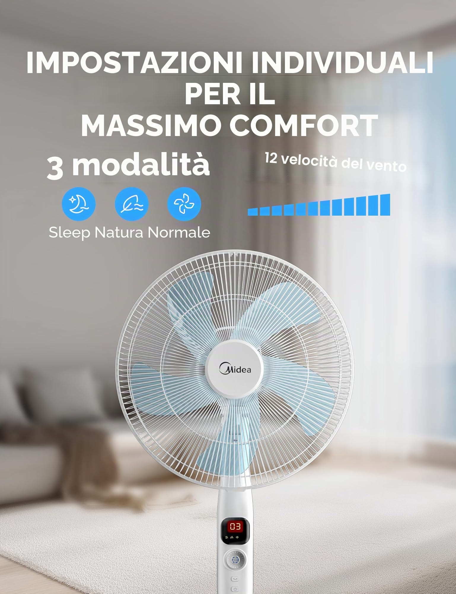 Midea FS40-16CR DC - Ventilatore a piantana silenzioso, con telecomando, 12 velocità, timer 12H, 4 modalità, indicatore LED, a risparmio energetico, 27 dB, regolabile in altezza, circolazione