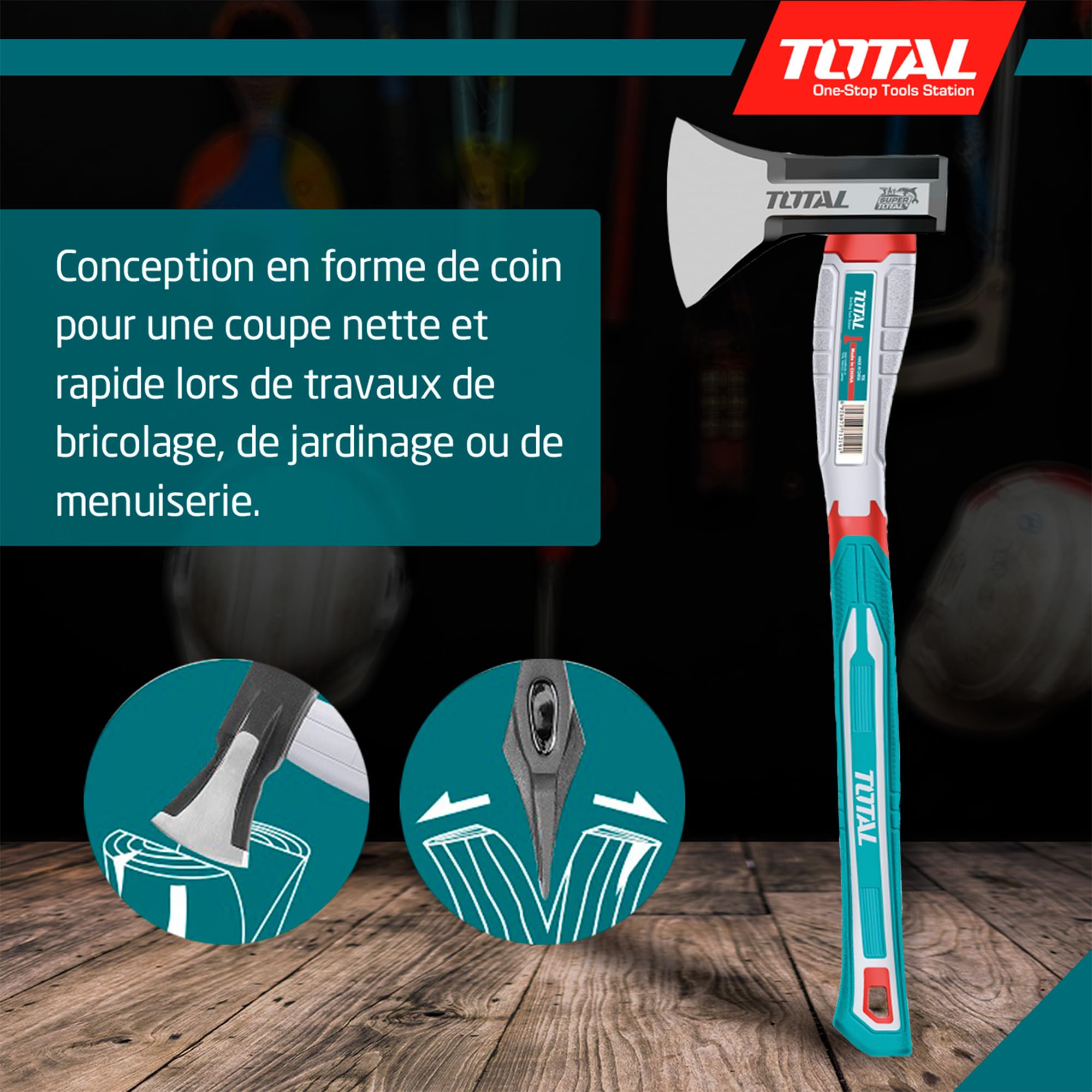 Total - Hache avec Manche en Fibre | Lame en Acier au Carbone | Prise en Main Confortable et Coupe précise | pour Bricolage, Camping et Jardinage | Poids : 1250 g