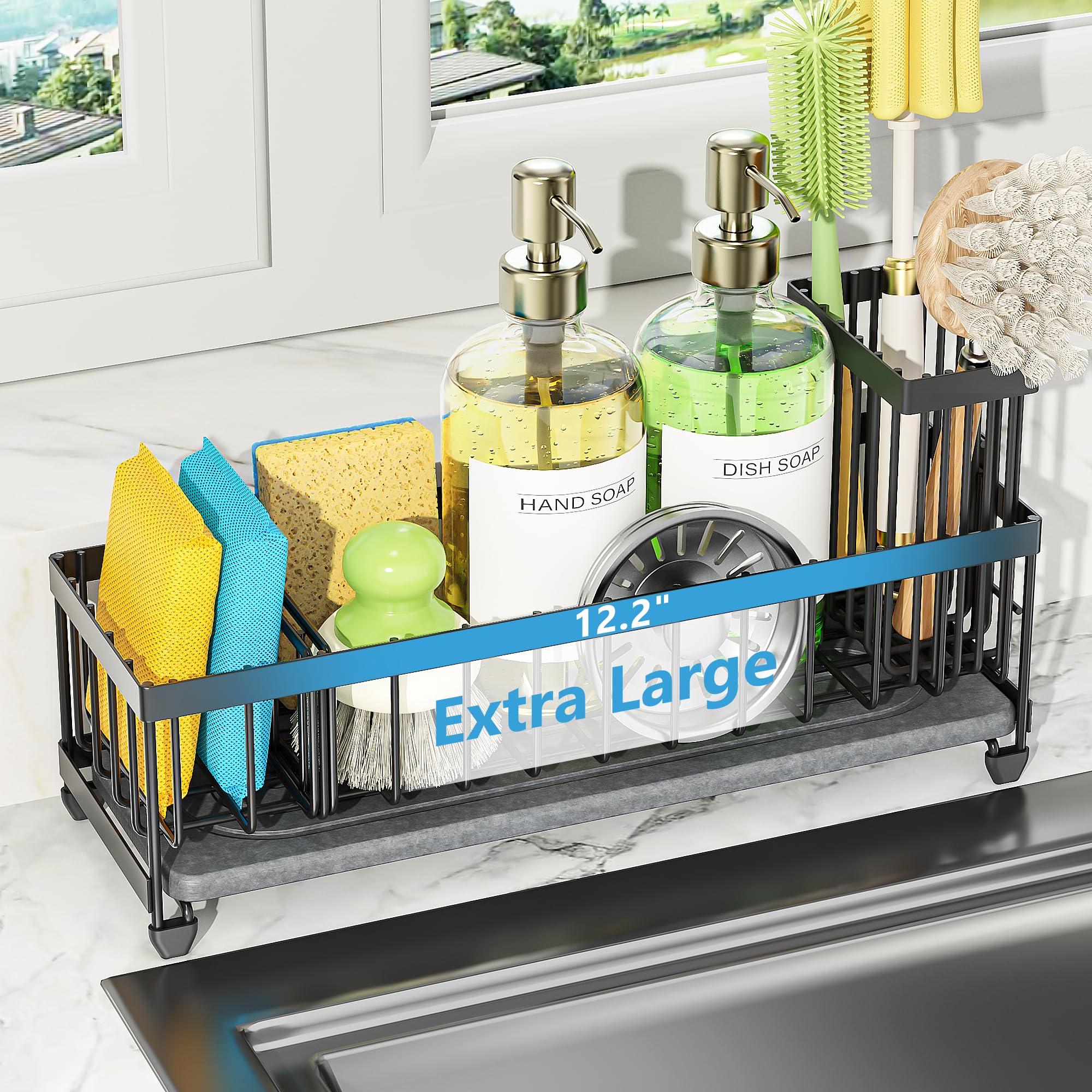 Photo 1 of Cisily Extra Large Sink Caddy Organizer with Drying Stone, Black Sponge Holder for Kitchen, Dish Brush Holder for Countertop, Kitchen Decor Storage and Essentials
