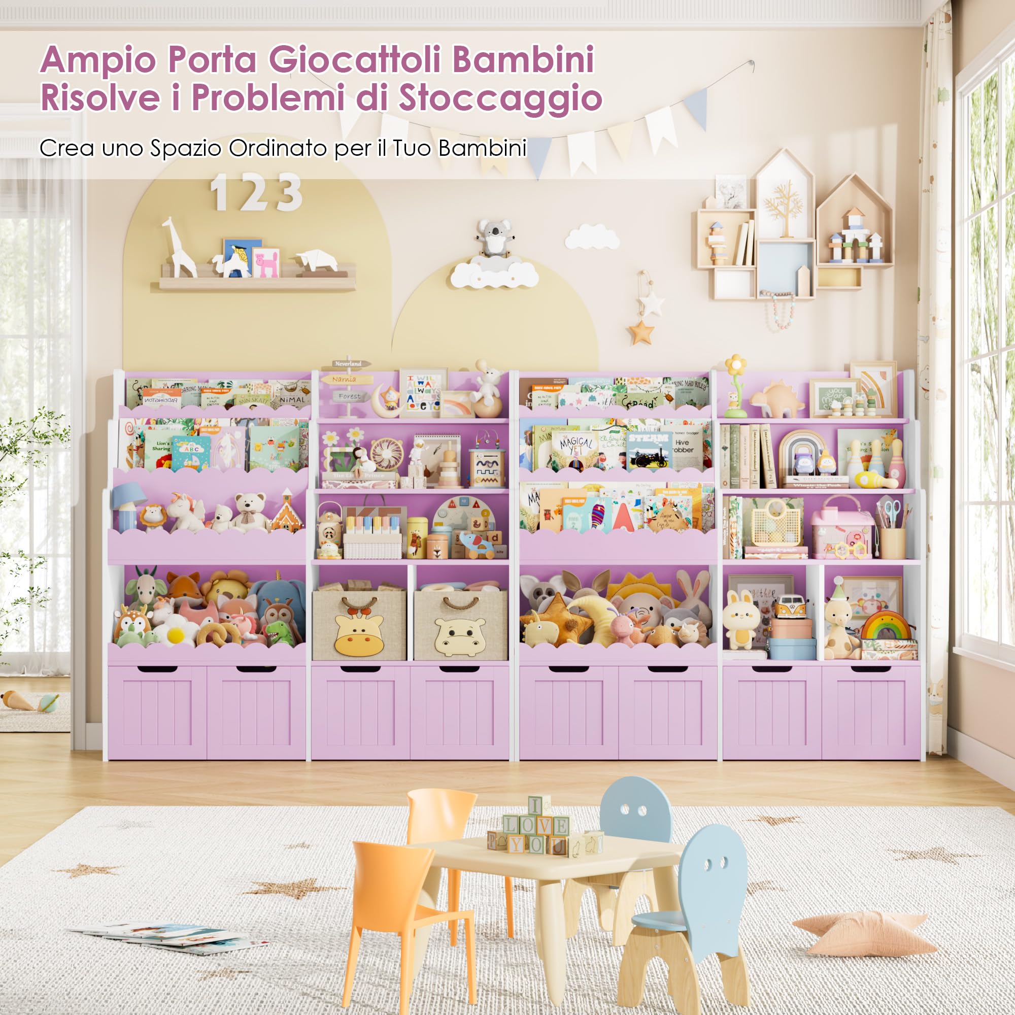 FOREHILL Libreria Montessoriana per Bambini, Porta Giochi Bambini a 4 Cassetti con Ruote Girevoli a 360°, Mobile Porta Giochi con Libreria a 3 Ripiani, 5 Scomparti Aperti, 125.5x40x120 cm (Lilla)