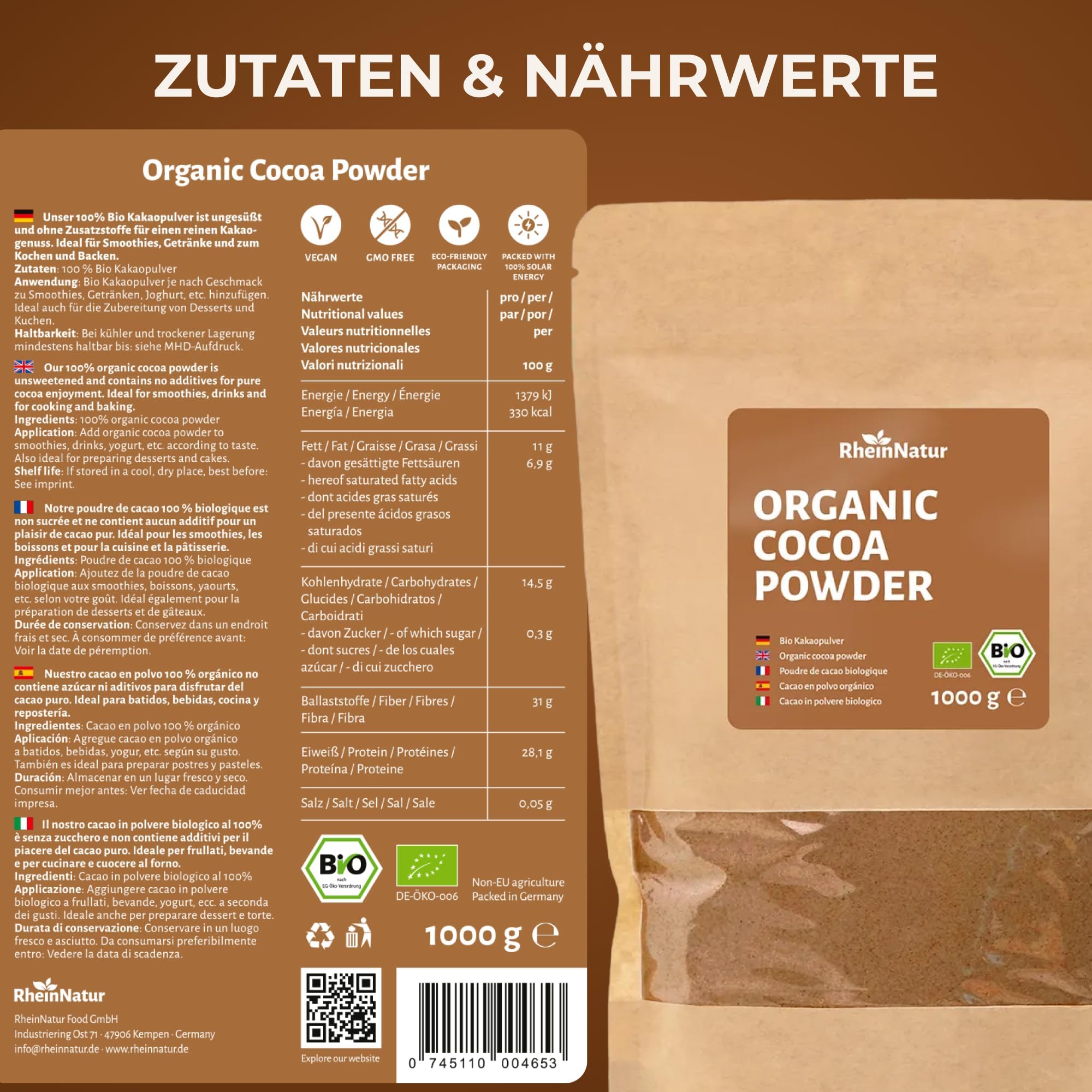 Cacao en polvo orgánico RheinNatur 1 kg – 100% puro, sin azúcar, ideal para hornear