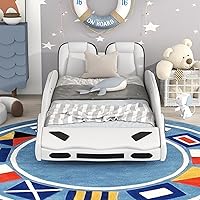Vista 3 de MERITLINE Cama de suelo de automóvil de carreras de tamaño individual con ruedas, plataforma de madera en forma de auto con listones de soporte