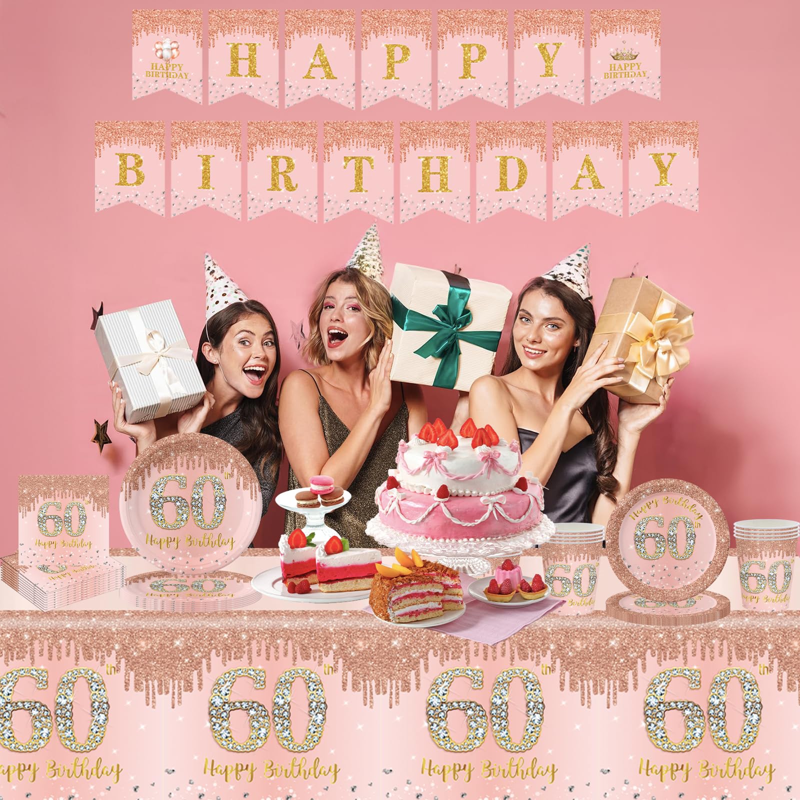 Set di Stoviglie per Compleanno 60 Anni 70 Pezzi, Piatti di Carta Oro Rosa, Bicchieri, Tovaglioli, Bandiere di Carta, Decorazione da Tavola per Compleanno 60 Anni per Uomo Donna