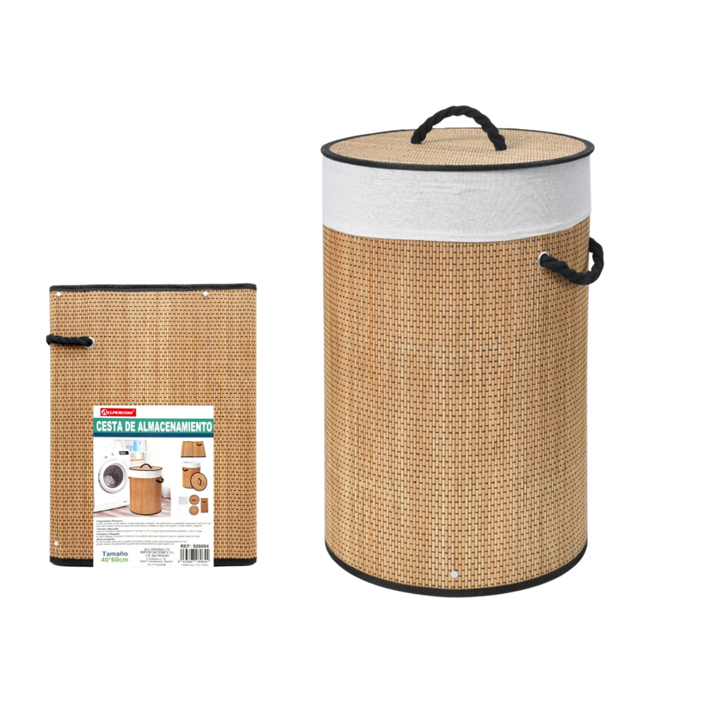 Weida Cesto de la Ropa Sucia de Bambú | Redonda con Tapa y Asas Plegable | Bolsa Extraíble y Lavable | Fácil Transporte | Diseño Natural | Para baño o Dormitorio | Color Marrón Bambú (60cm-35cm)