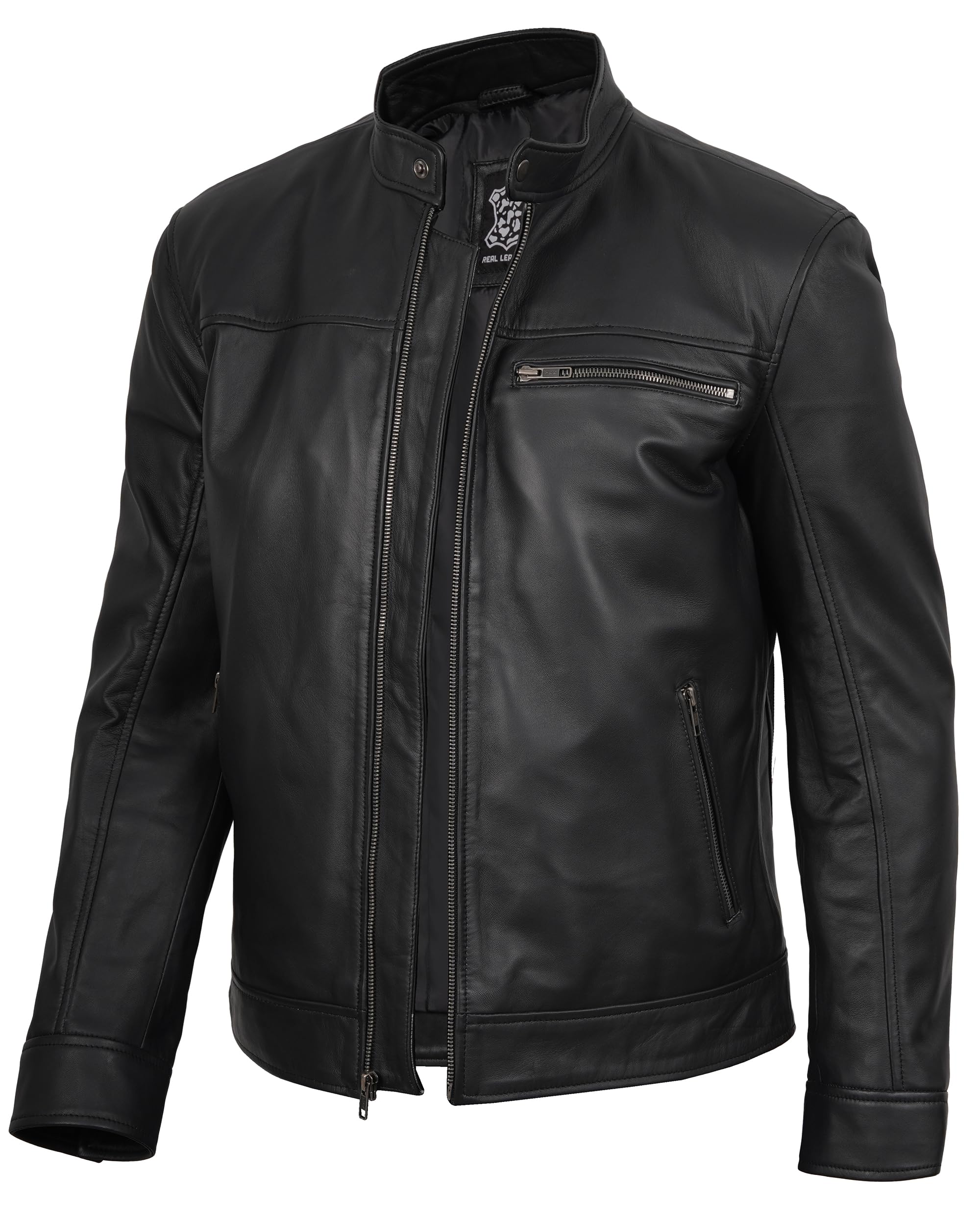 fjackets Mens Leather Jacket - Real Lambskin Cafe Racer Moto Biker Stand Collar Jacket All Season