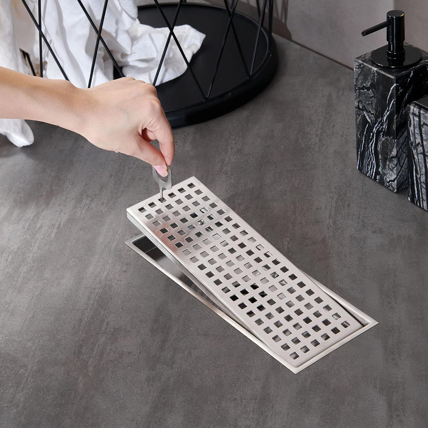 Esnbia 12X4-Inch Linear Shower Drain with Removable Grate, Professional Brushed 304 Stainless Steel Rectangle Shower Floor Drain Manufacturer,Floor Shower Drain with Hair Strainer,Brushed Nickel