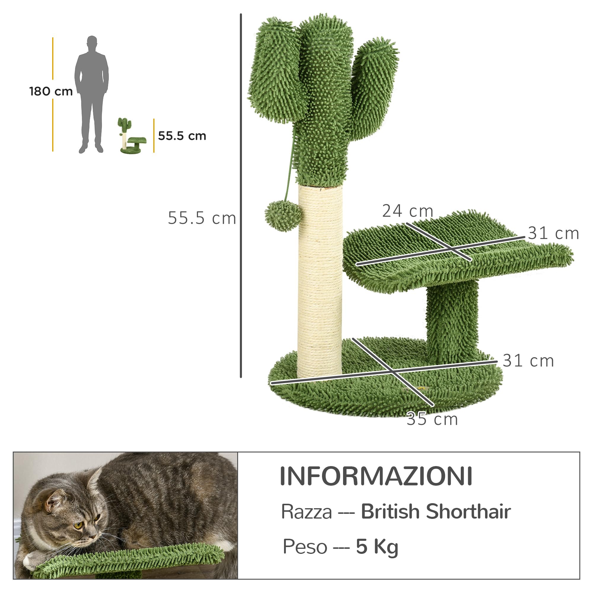 PawHut Albero per Gatti a forma di Cactus con Tiragraffi, Pallina da Gioco e Piattaforma, Torre per Gatti in Truciolato e Ciniglia, 35x31x55.5 cm, Verde e Bianco