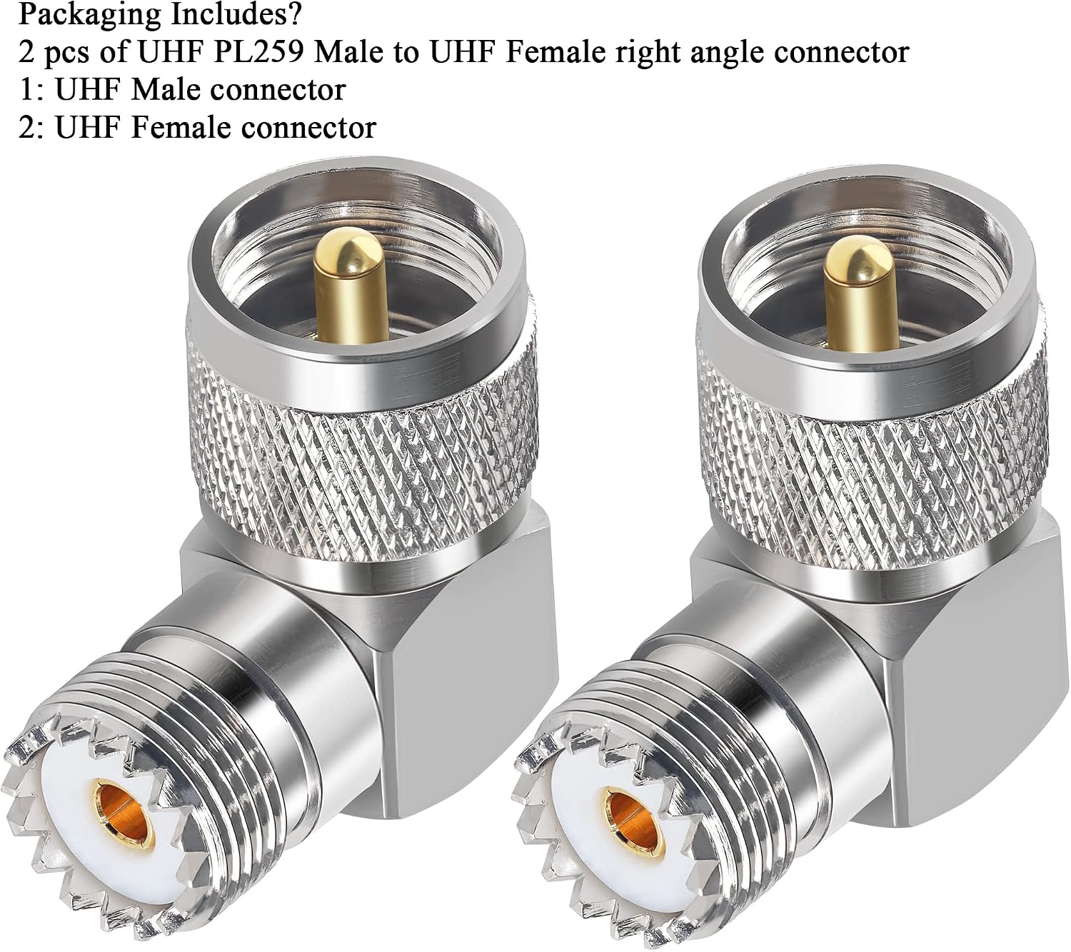 2PCS UHF PL259 Right Angle 90 Degree Coax Adapter, SO239 Male PL259 to Female Right Elbow Coaxial Connector Adapter, UHF Male to SO239 Female L Shape Coax Connector for CB Radio, Antenna, etc