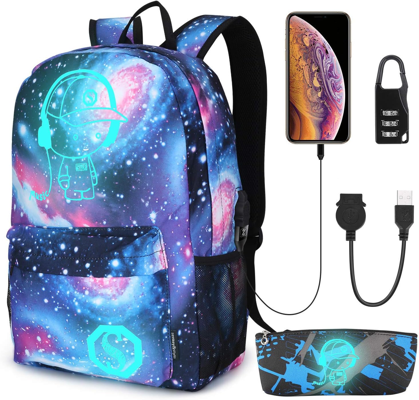 Pawsky School Backpack, Anime Luminous Backpack with USB Charging Port Lock and Pencil Case for Teen Boys and Girls