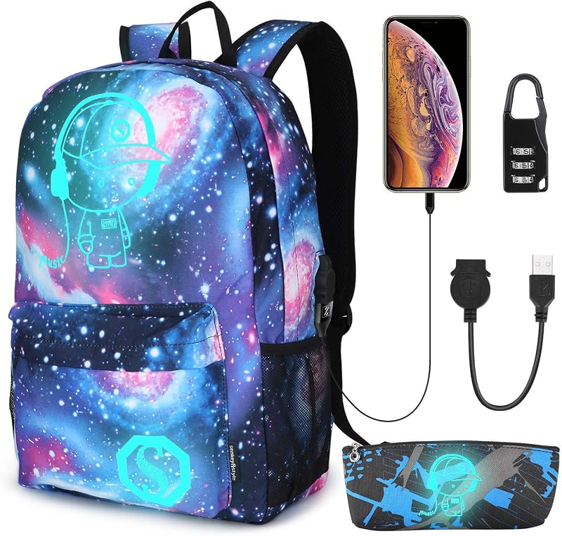 Mochila Galaxy para la escuela, mochila luminosa anime, mochila universitaria, mochila antirrobo para computadora portátil con puerto de carga USB