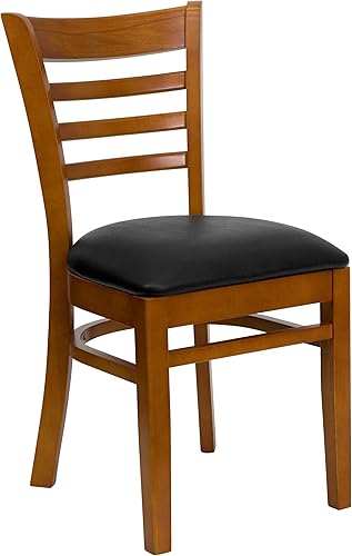 Miniatura 3 de Flash Furniture Hercules Series Silla de restaurante de madera de cerezo con respaldo de escalera, asiento de vinilo negro