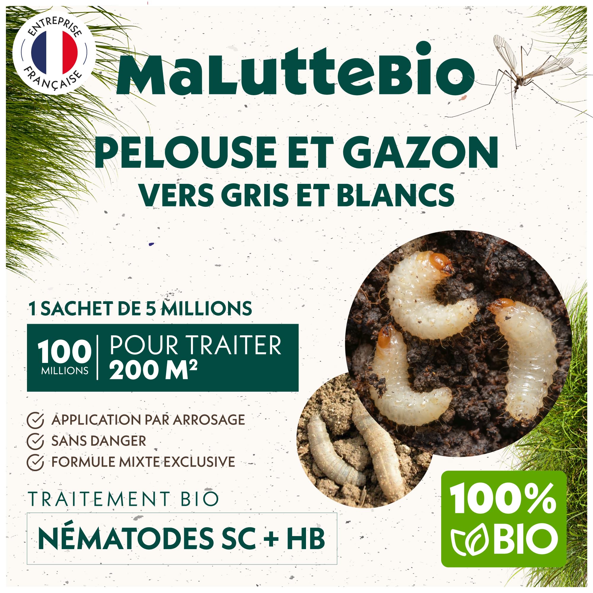 Nématodes pelouse et gazon - Traitement contre les larves de Tipules (vers gris ou Cousin) - 100% naturel. Traite les tâches jaunes du gazon (Pour 200m² (100 millions))