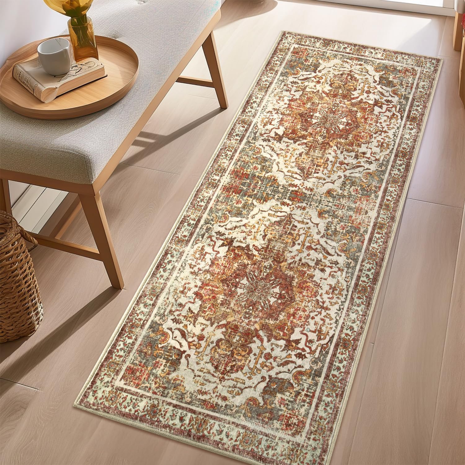 Washable Area Rug - 2'x4' Boho Soft Low Pile Entryway Rug, Non-Slip Small Rugs Indoor for Front Door Entrance Kitchen Bathroom, Vintage Carpet Stain Resistance (Khaki, 2x4ft)