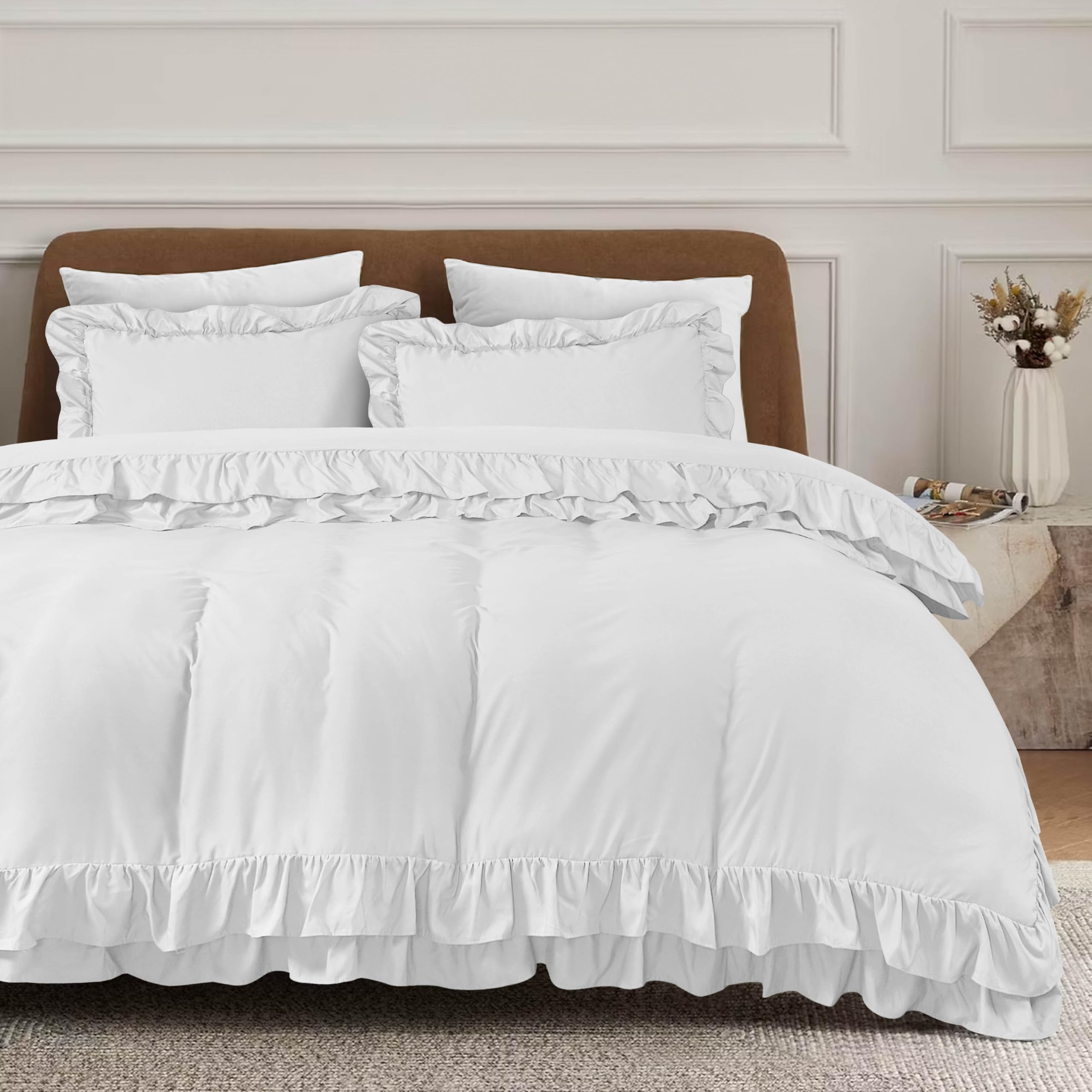 QATAN 3 Pieces Ruffle Bedding Set with 2 Pillowcase Frills Duvet Cover with Button Closure Soft Microfiber Duvet Cover Set (White, Single) — image 1