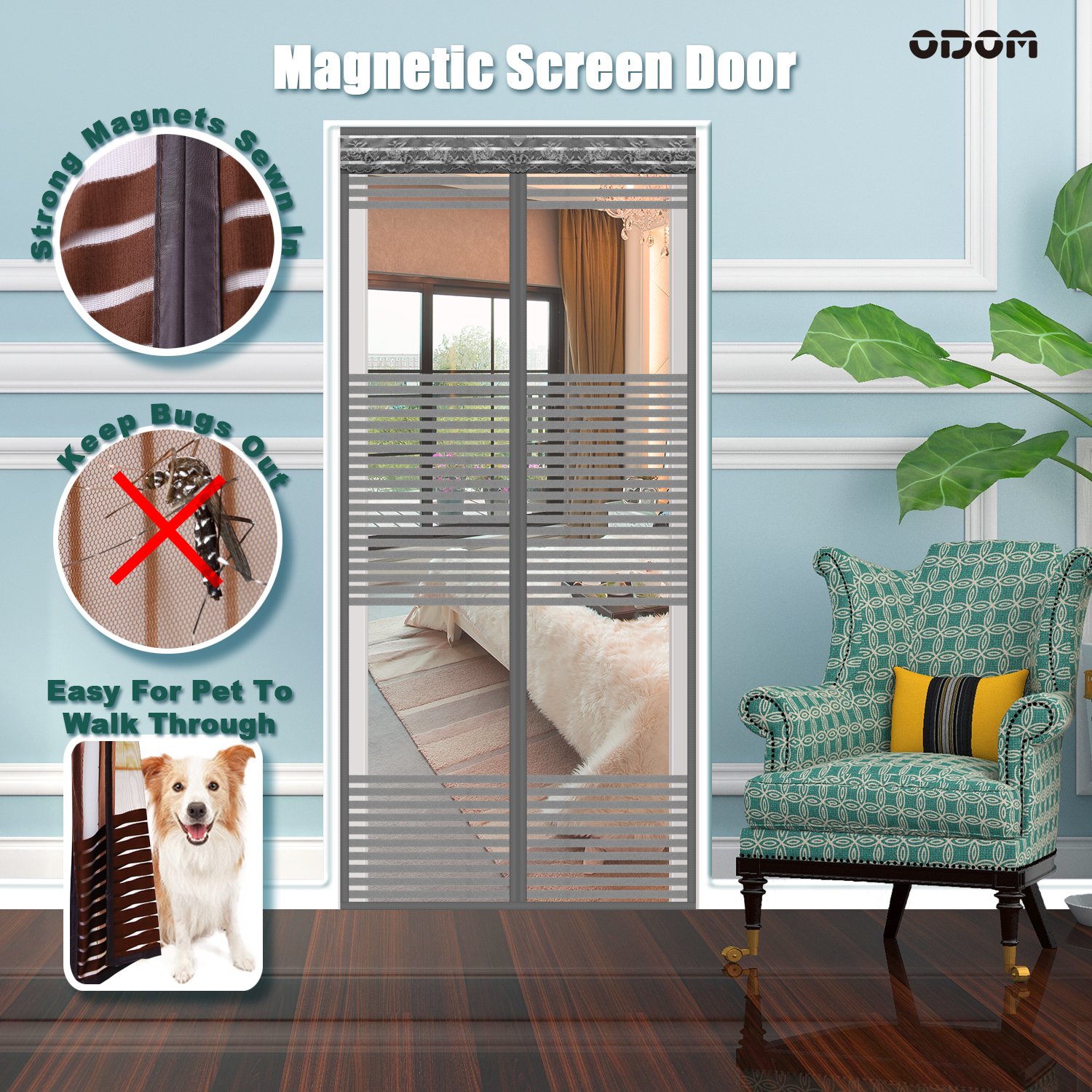 ODOM Magnetic Screen Door Odorless Reinforced Fits Door up to 38"x82" Gray