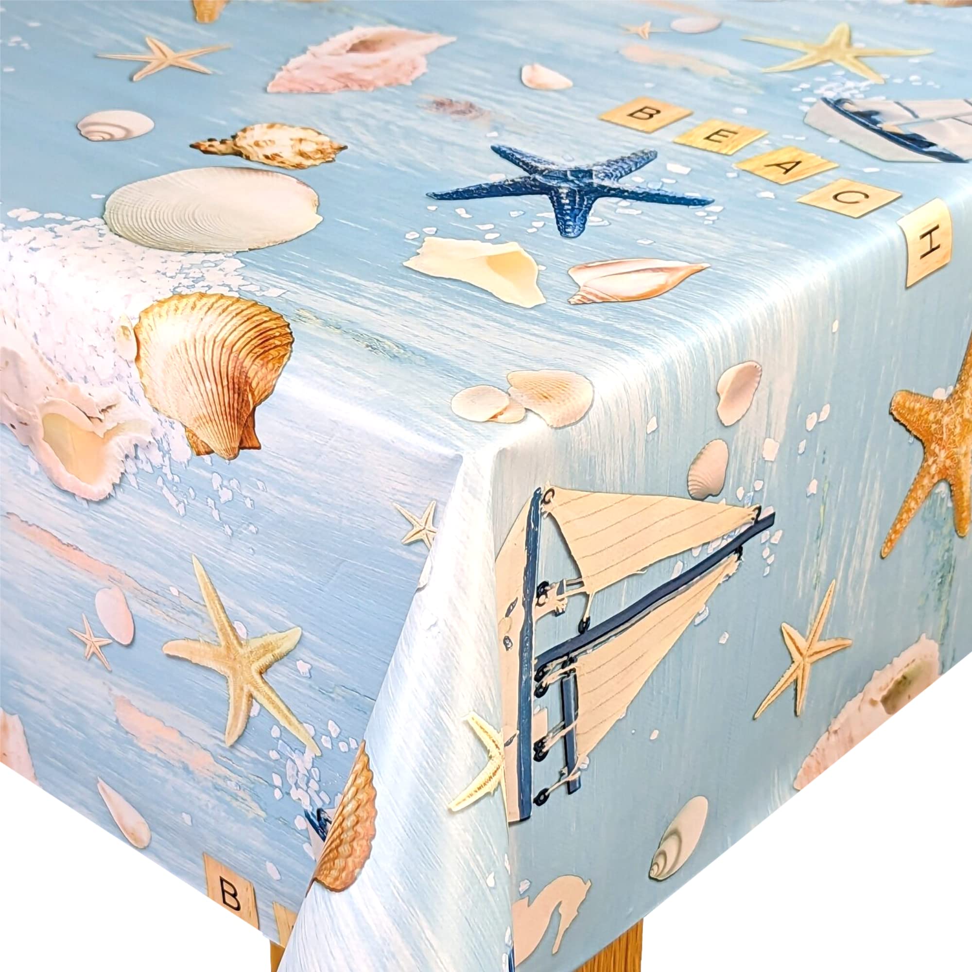 Karina Home Wipe Clean Tablecloth Vinyl PVC Table Cover Wipeable Table Cloth Seaside Beach Fun (Blue, 250cm x 140cm)