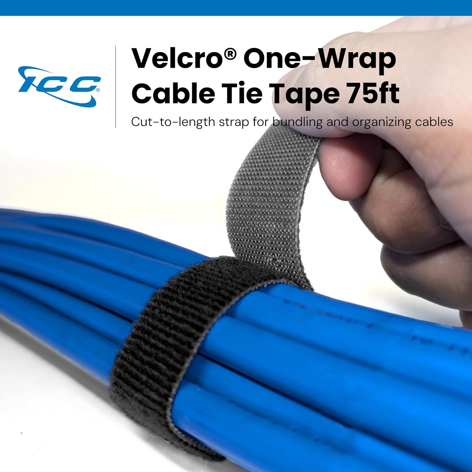 ICC Velcro® Brand ONE-WRAP® Tie Cable Tie Tape - 0.75” x 75 Feet Per Roll, Reusable Hook and Loop Fastening Tape for Efficient Cable Management, Organizing, and Bundling Wires and Cords, Black