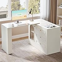 Tribesigns White L-Shaped Desk with 3 Drawers, Reversible 360° Rotatable Corner Workstation, Adjustable Shelves for Home Office Bedroom