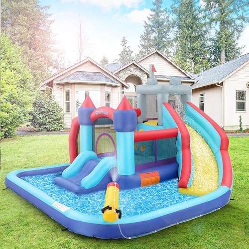 Miniatura 5 de Parque inflable de toboganes acuáticos, toboganes acuáticos inflables para niños, pared de escalada, 2 toboganes, área de chapoteo y trampolín,