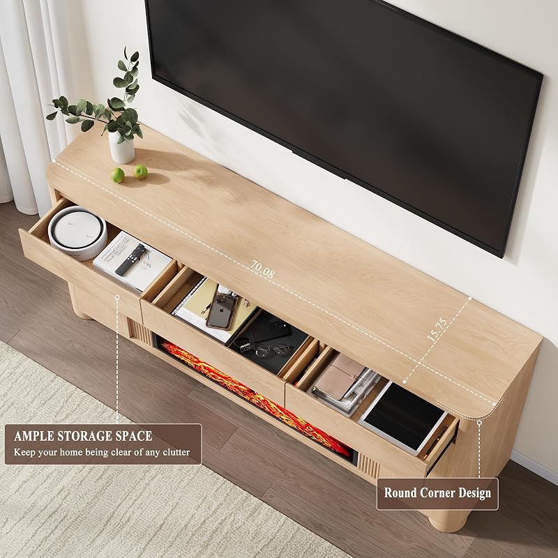 YANSNWO 70" Fireplace TV Stand with 7-Color LED Fits TVs Up to 80", Natural image 5