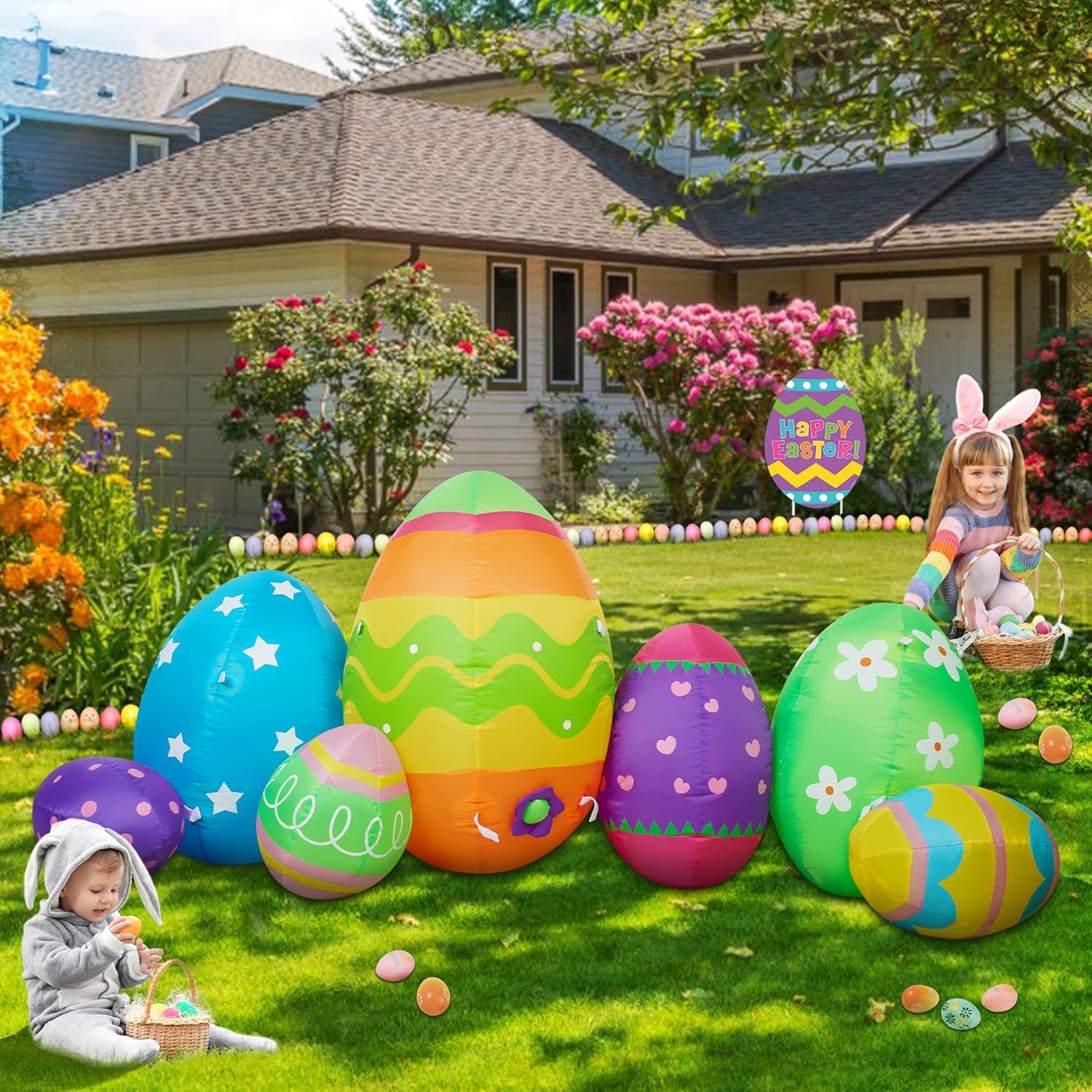 HOOJO Easter inflatables Outdoor Decorations, 7 FT Length Easter Decor Colorful Eggs Build-in LED, Easter Blow Up for Holiday Yard, Lawn, Garden, Party : Patio, Lawn & Garden