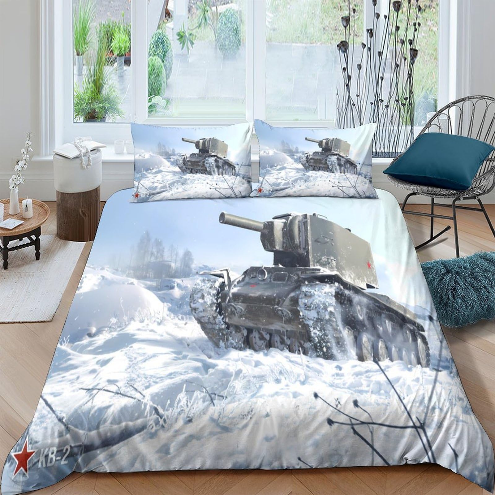 Ctjqhvkz Style-2 3D Printed Winter Tank Fitted Sheet Microfiber Anti-Slip Snow Battlefield Bed Cover For Bedroom Guest Room Decor Single（135X200cm）