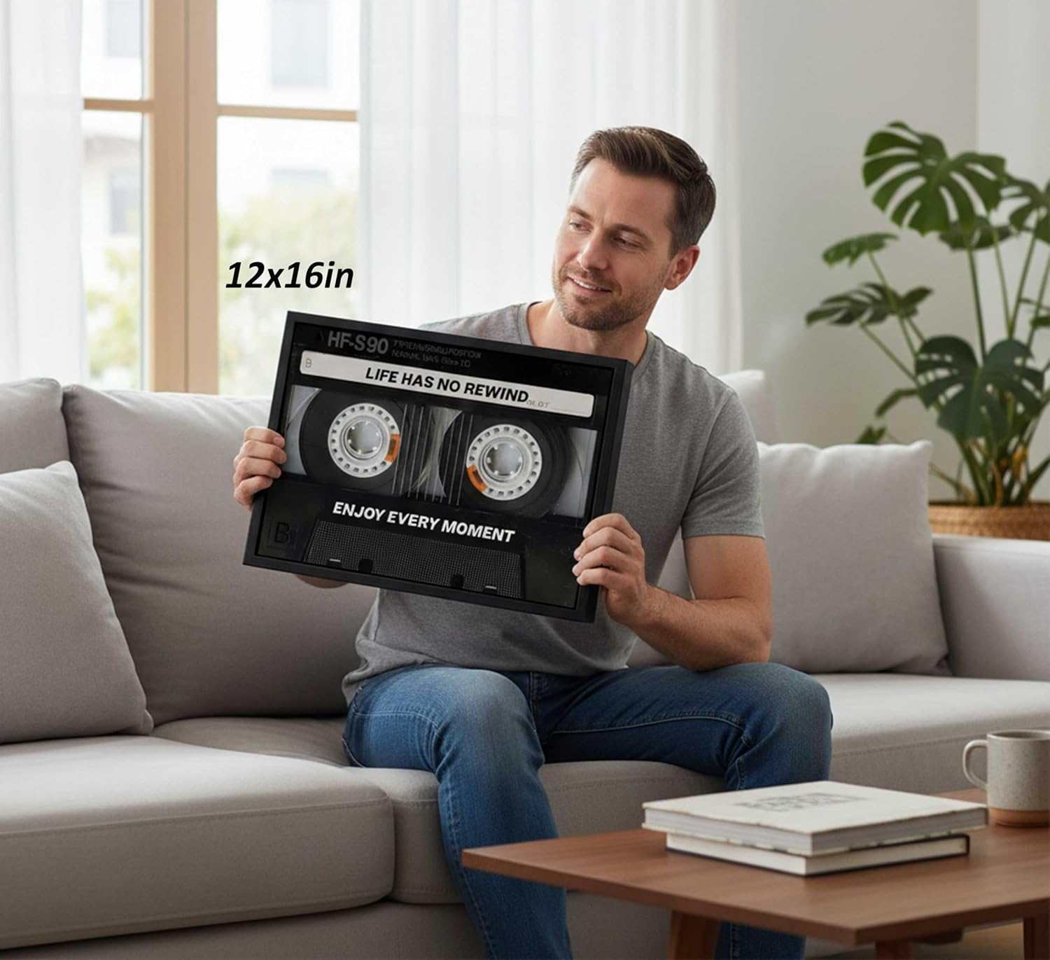 Framed Vintage Inspirational Cassett Tape Canvas Wall Art Inspiring Office Quotes Life Has No Rewind Retro Motivational Music Painting Picture Wall Decor Poster Print Artwork for Study Living Room