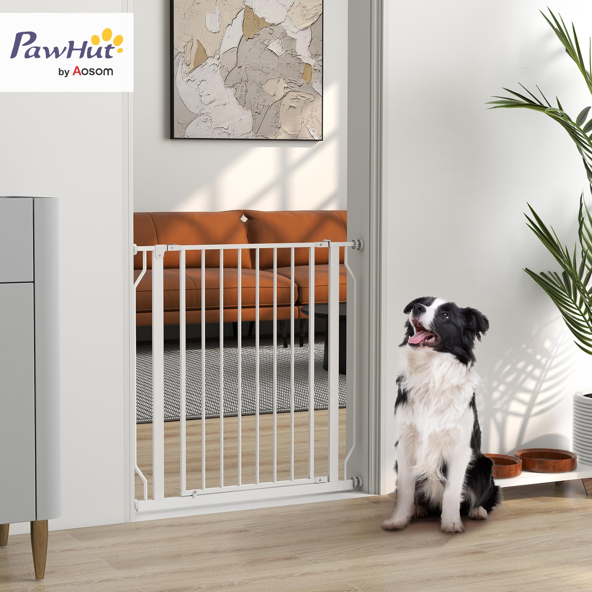 PawHut Dog Gate Wide Stair Gate w/ Door Pressure Fit Pets Barrier for Doorway Hallway, 76H x 75-85W cm - White - Image 2