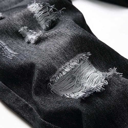 Miniatura 4 de Pantalones rajados para hombre, de mezclilla, ajuste regular, pierna acampanada, de corte entallado, con agujeros, pantalones de hombre de mezclilla