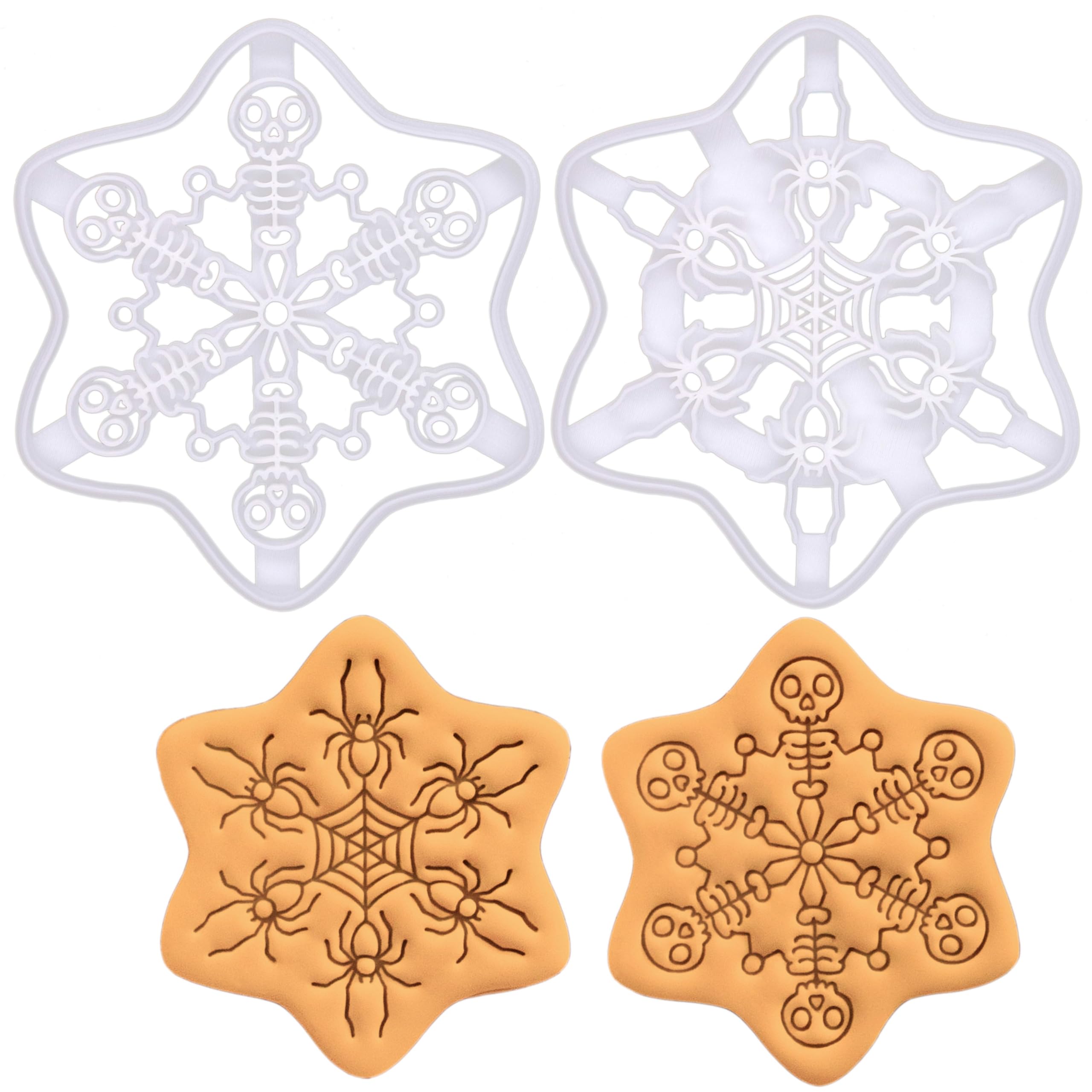 BAKERLOGY Lot de 2 Emporte-pièces Flocons Gothiques – Embosseurs Fondant Toile d’Araignée et Squelette Dansant pour Biscuits de Noël Effrayants et Fêtes Alternatives