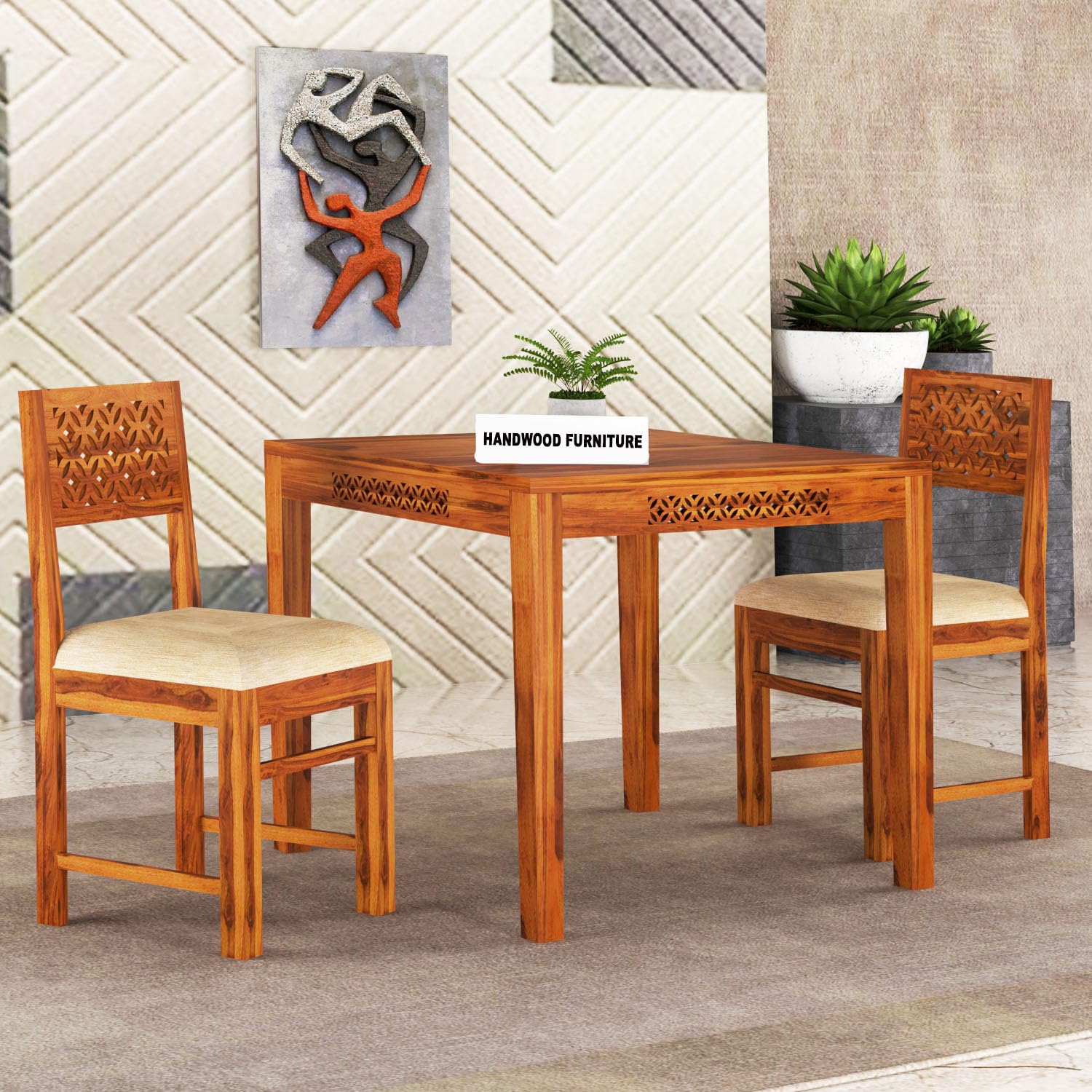 Premium Sheesham Wood Dining Table (34x34) with 2 Chairs | 2 Seater Dining Set | 1 Year Warranty | Honey Finish with Cream Cushions -DIY(Do-It-Yourself)-image-44