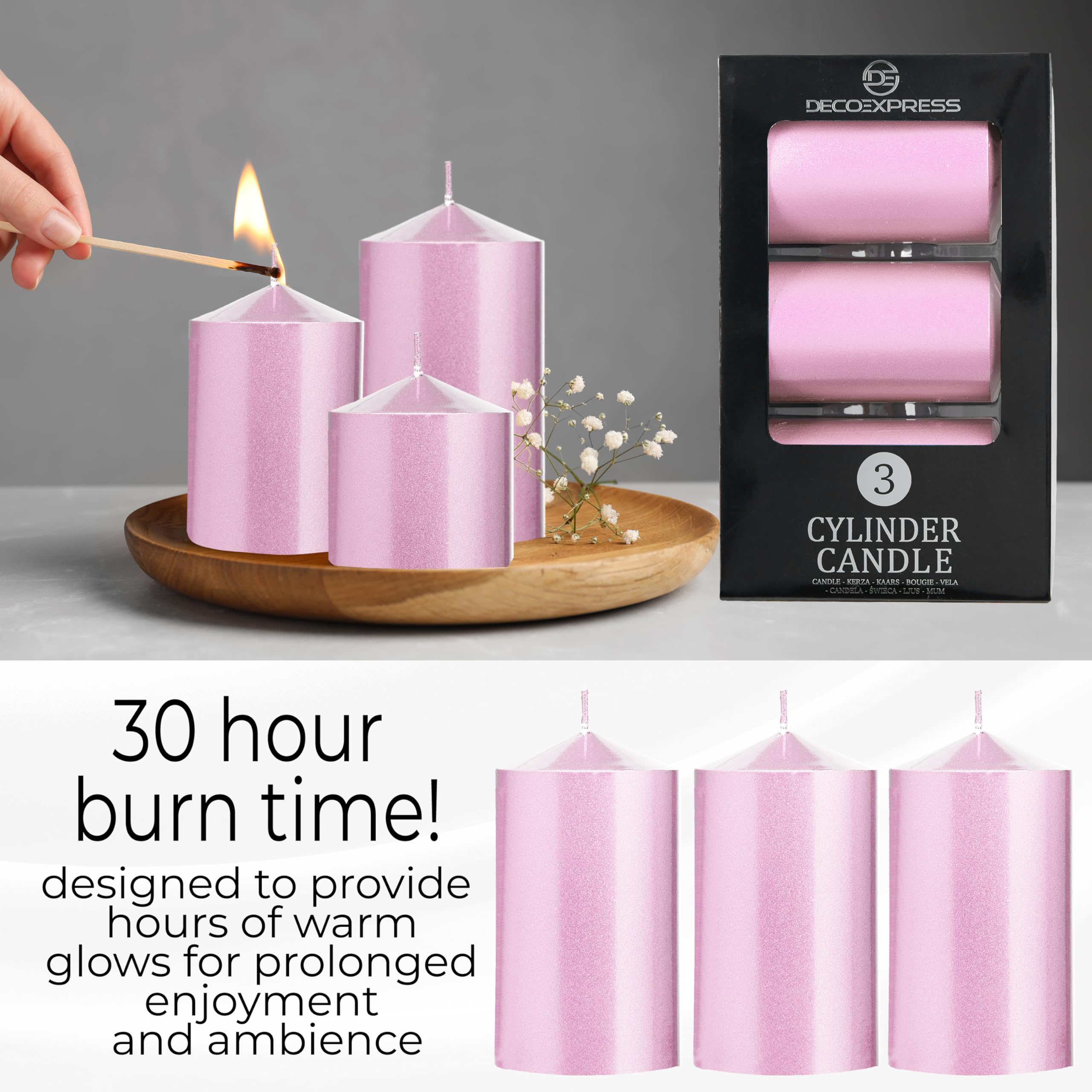 DECO EXPRESS Metallic Stumpenkerzen Set, 3er-Pack, Kerzen Lange Brenndauer, 30 Stunden, Geruchslos (Rose Gold - 3er-Pack) (Packung mit 2)