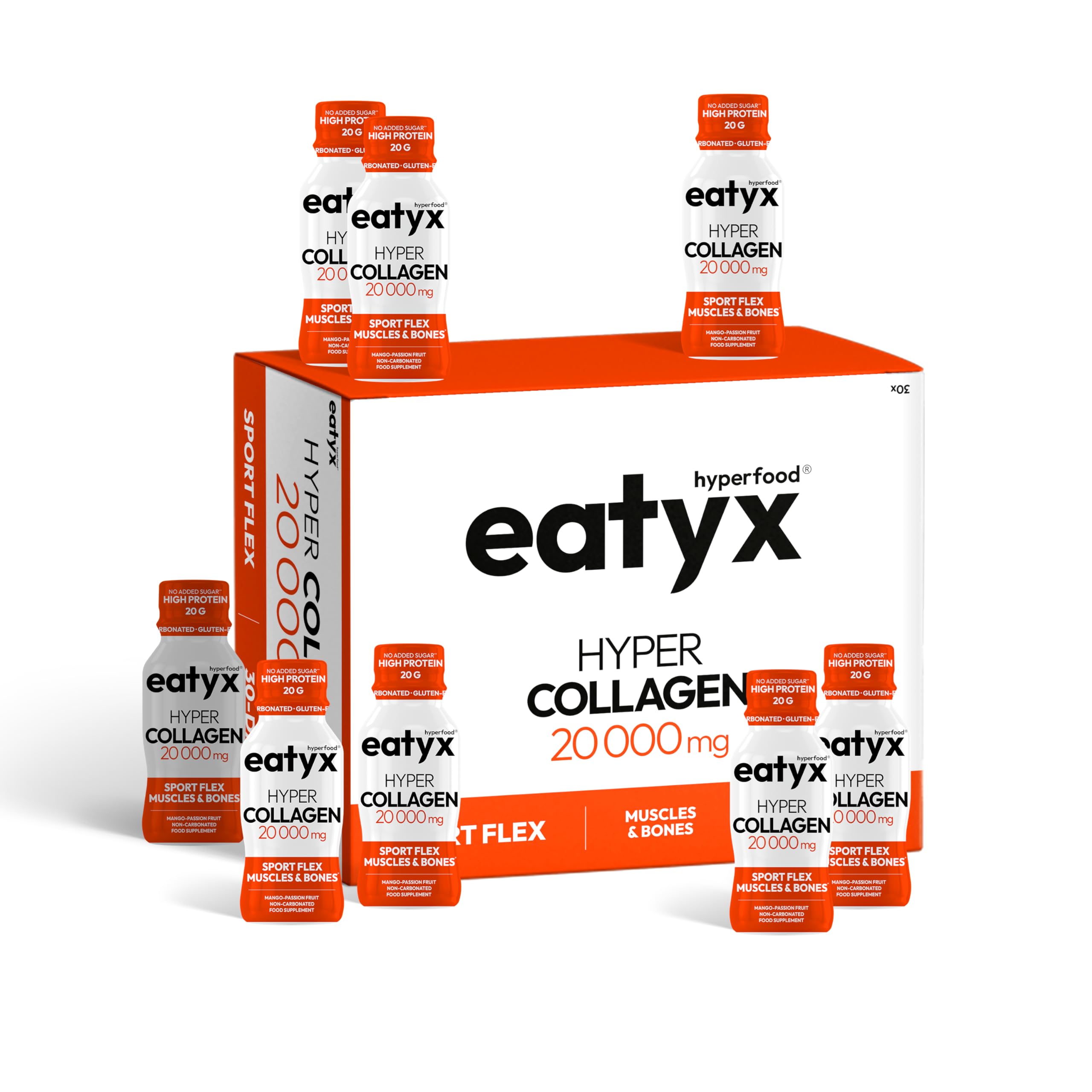 eatyx Hyper Collagen Sport Flex 30 x 95 ml – Miesięczna kuracja zawierająca 20 000 mg kolagenu na porcję – Kolagen do picia dla mięśni i kości – Mango i marakuja – Bez glutenu, bez dodatku cukru