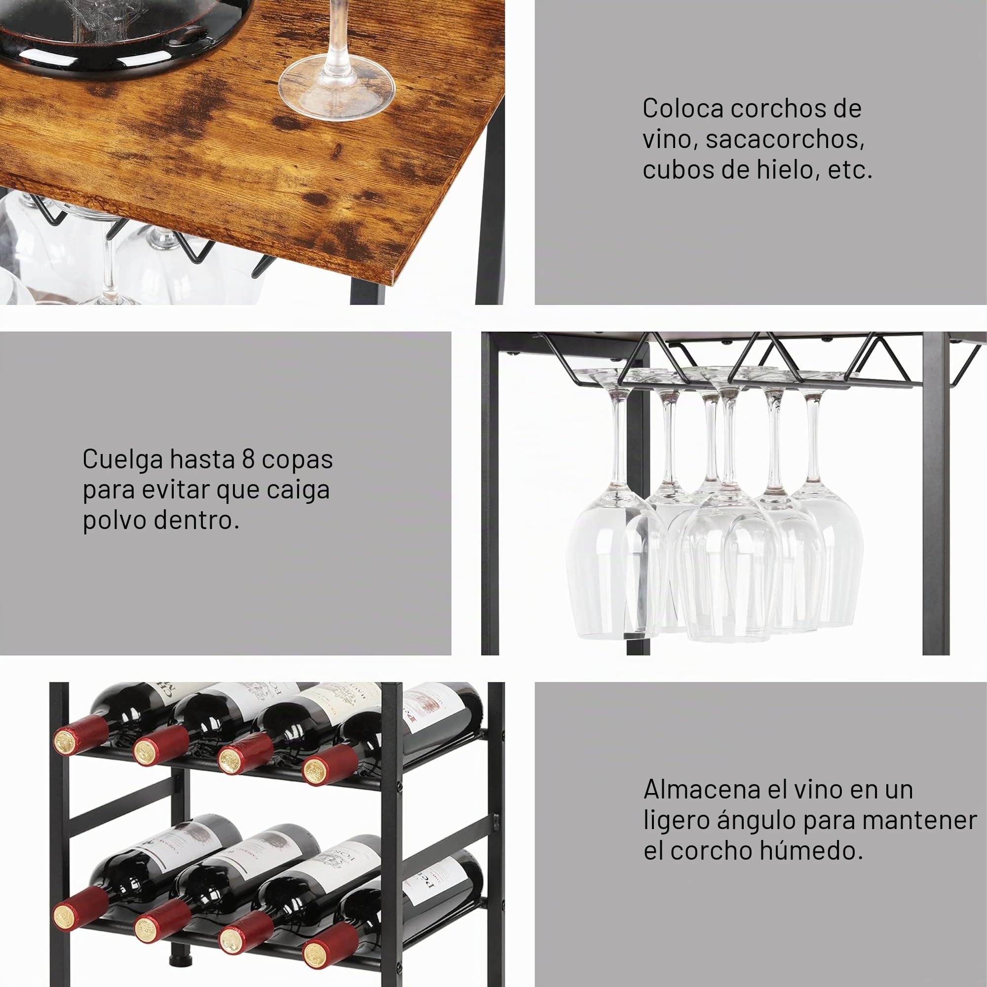 Estante de Vino Independiente para Bar de Vino con Soporte de Vidrio y Mesa, 8 Botellas, mesas de Vino de Madera con estantes, Organizador de Botellas de Vino de 4 Niveles (Marrón)