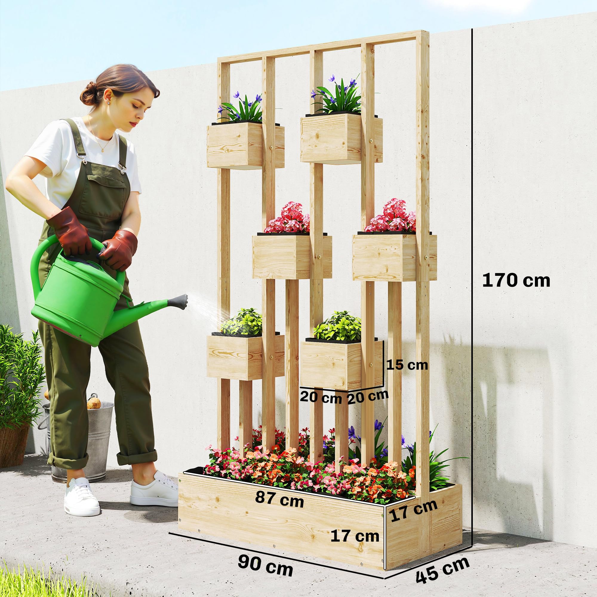 Outsunny Hochbeet mit Rankgitter Körbe Holz 90 x 45 x 170 cm Naturholz | Pflanzkübel, Pflanzkasten, Blumenkasten, für Garten Balkon Terrasse, Blumenkübel für Kletterpflanzen Korbpflanzen, Blumen