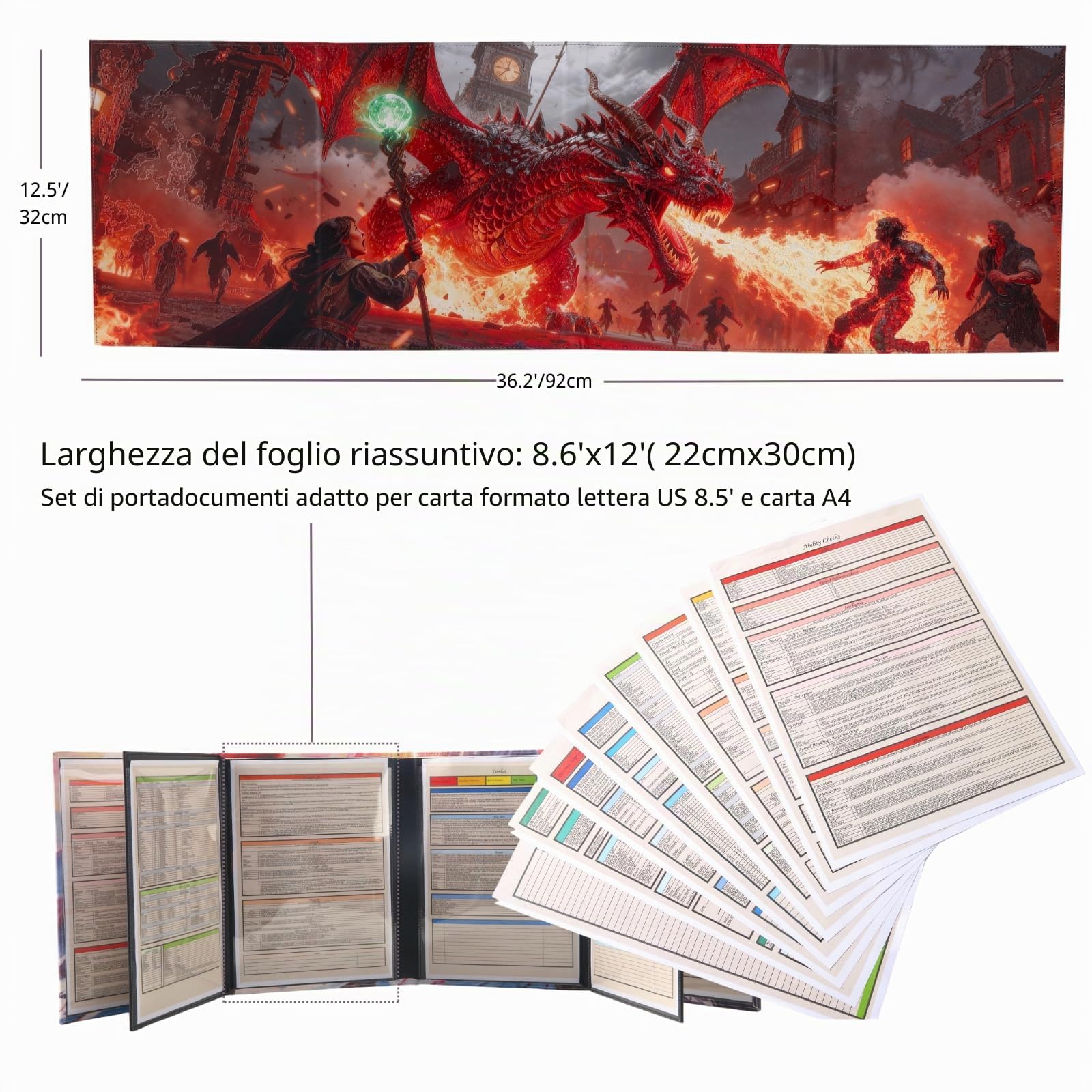 DND DM Screen pittura a olio effetto rilievo 8 pannelli con 2 tasche cancellabili a umido oscillanti e fogli per trucchi Dungeon Master Accessori Dungeon Master Dungeons and Dragons 5e Schermo GM D&D