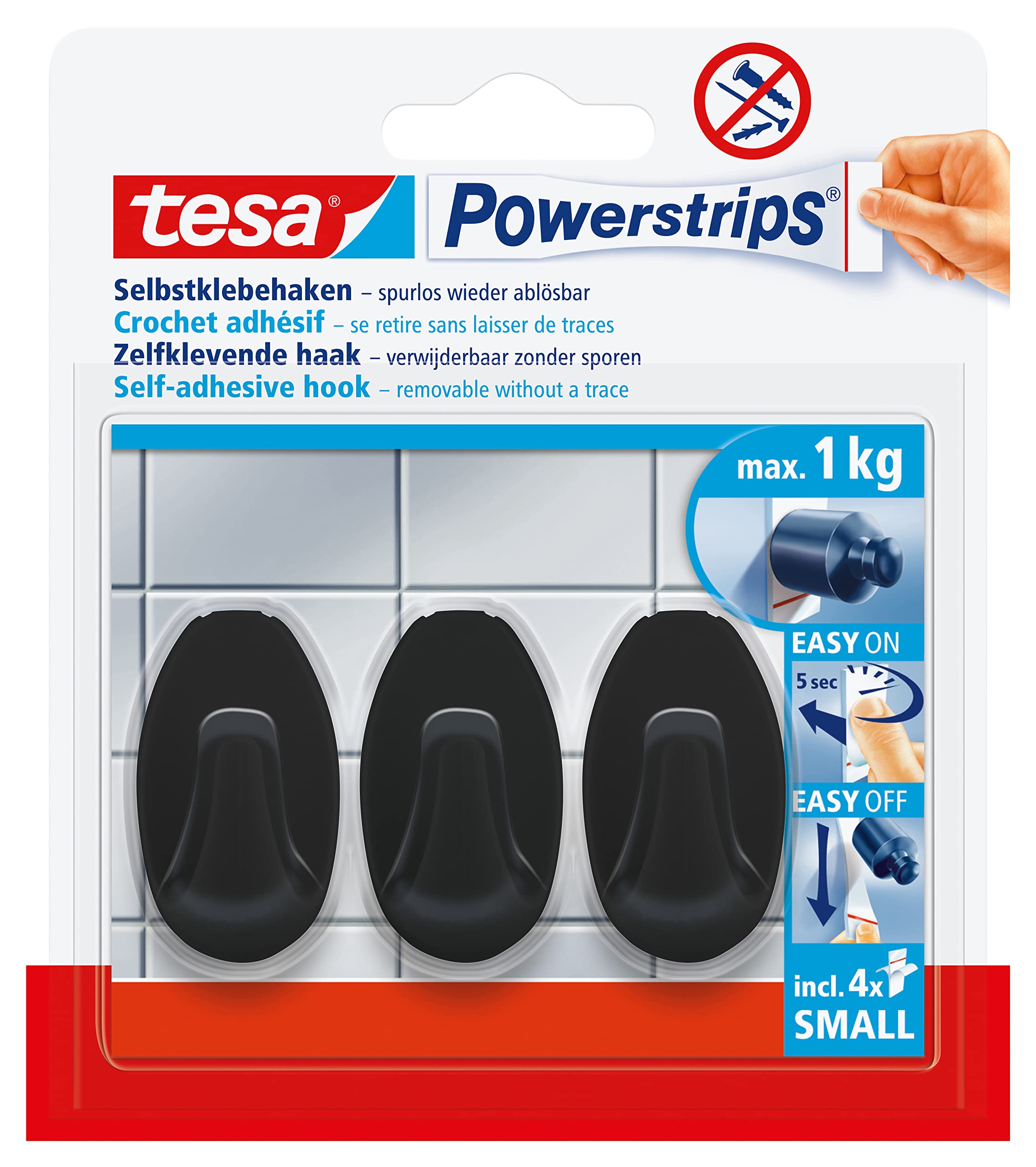 tesa Powerstrips Self-Adhesive Hooks - 3 x Small Oval Shaped Hooks for Tiles, Glass, Plastic and Other Surfaces - Strong Hold, Up to 1kg - Black