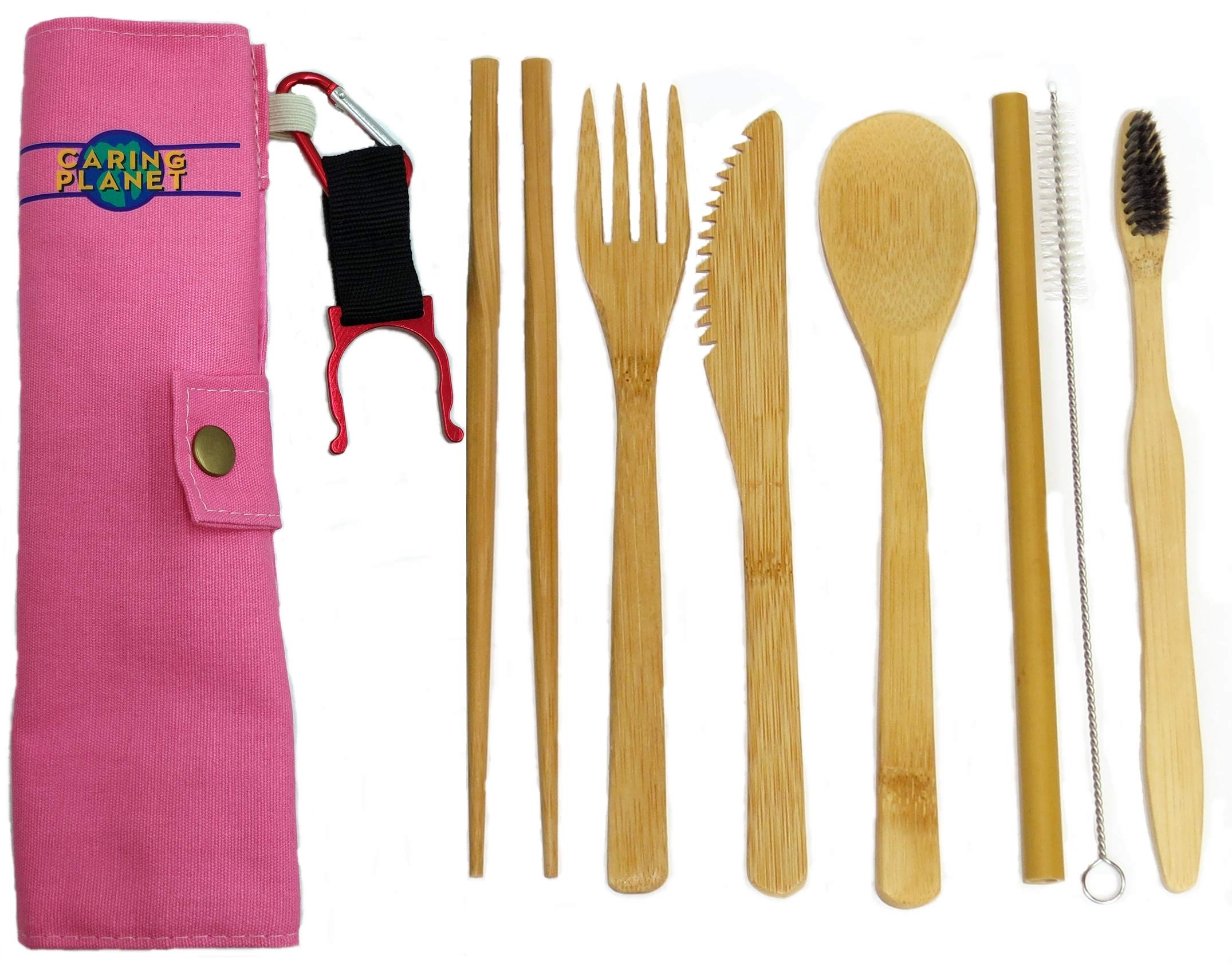 Caring Planet Bamboo Cutlery - Reusable Bamboo Cutlery set with portable case. Sustainable, Natural and Eco-Friendly. Great to-go utensil solution. 7 pcs . (Pink)
