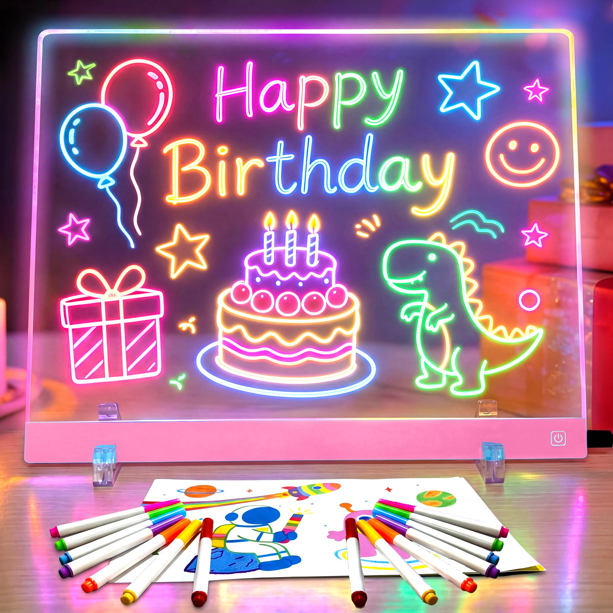 Wiederaufladbare LED-Zeichenbrett, Leuchttafel Schreibtafel mit 4 Lichtverlaufsmodi, 35 × 26 cm LED Maltafel Kinder & Notizboard, Inklusive 12 Stifte, Aufhängekette,Ständer, Kreatives Geschenk(Rosa)
