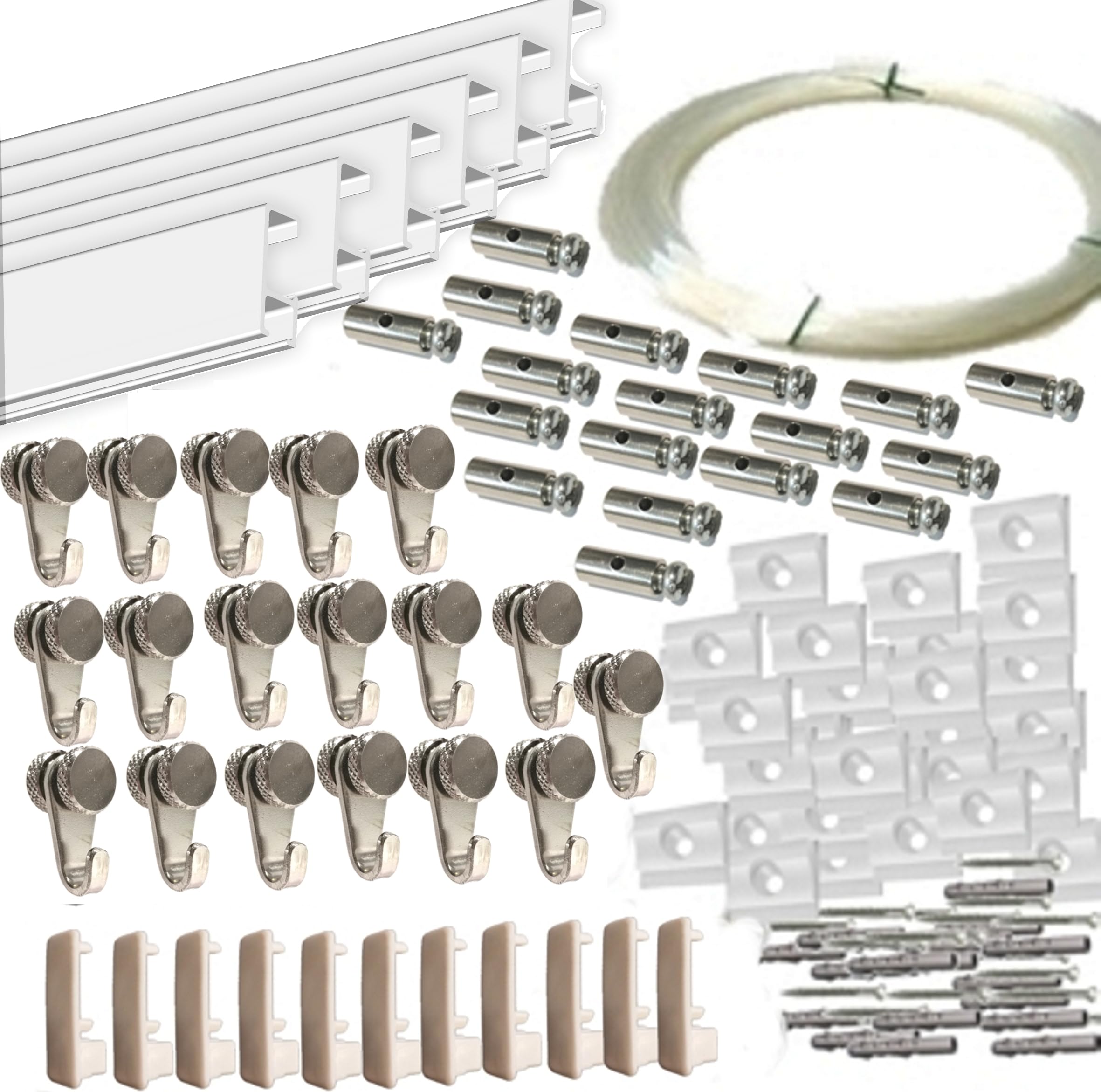 Pack Basic RM de 18 metros Guías de aluminio (Blanco) con 18 colgadores Nylon para Colgar Cuadros (Blanco mate)