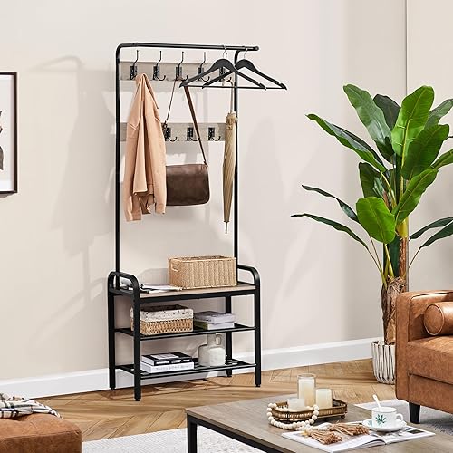 Miniatura 4 de Yaheetech Árbol de pasillo con banco y almacenamiento de zapatos para entrada, perchero 4 en 1, banco de zapatos con 23 ganchos, una barra para