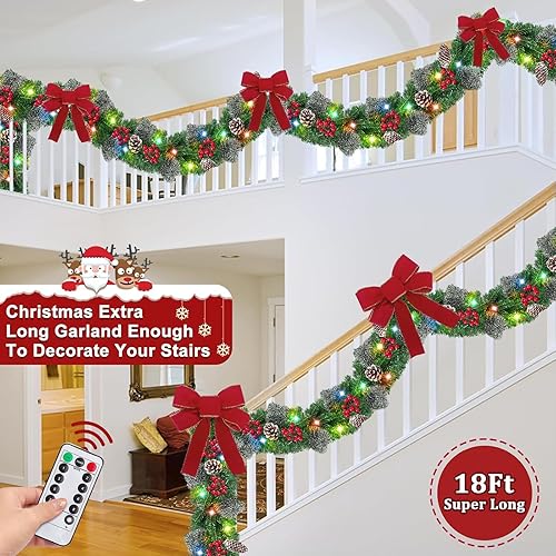 Miniatura 4 de Guirnalda de Navidad con control remoto y súper larga y 8 modos, 18 pies, preiluminada, de pino nevado, para escaleras, puertas, manto, porche,