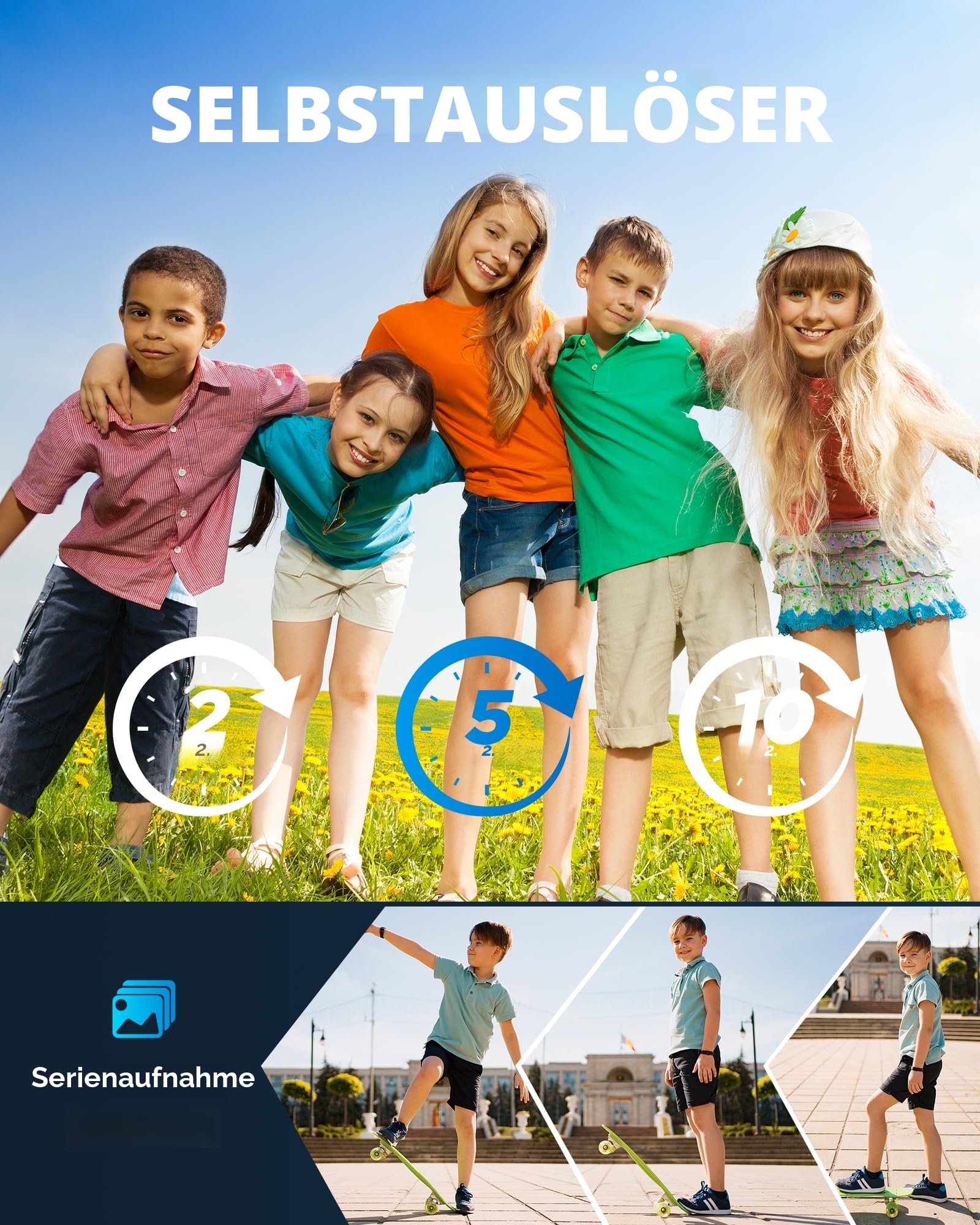 64GB Digitalkamera Kinder Fotokamera: 48MP Anti-Shake Kinderkamera Foto, Vlogging Fotoapparat für YouTube 16X Digital Zoom Appareil Foto Serienaufnahme Selfie Kompaktkamera für Fotografie