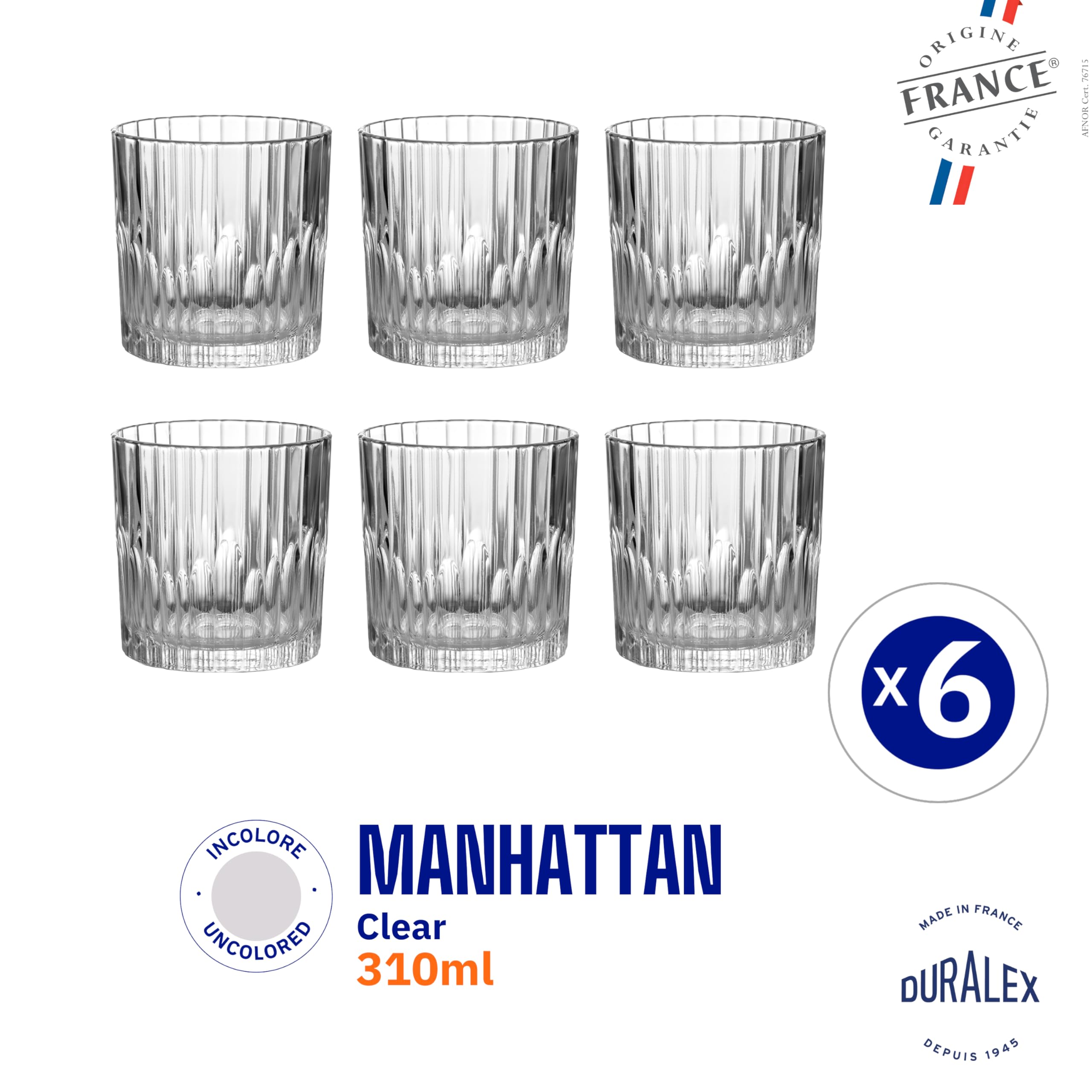 Duralex France Manhattan Whiskey Glasses Set of 6 pcs- 310 ml Bar Glass for Drinking Bourbon, Whisky, Scotch, Cocktails, Cognac- Old Fashioned Cocktail Tumblers 1